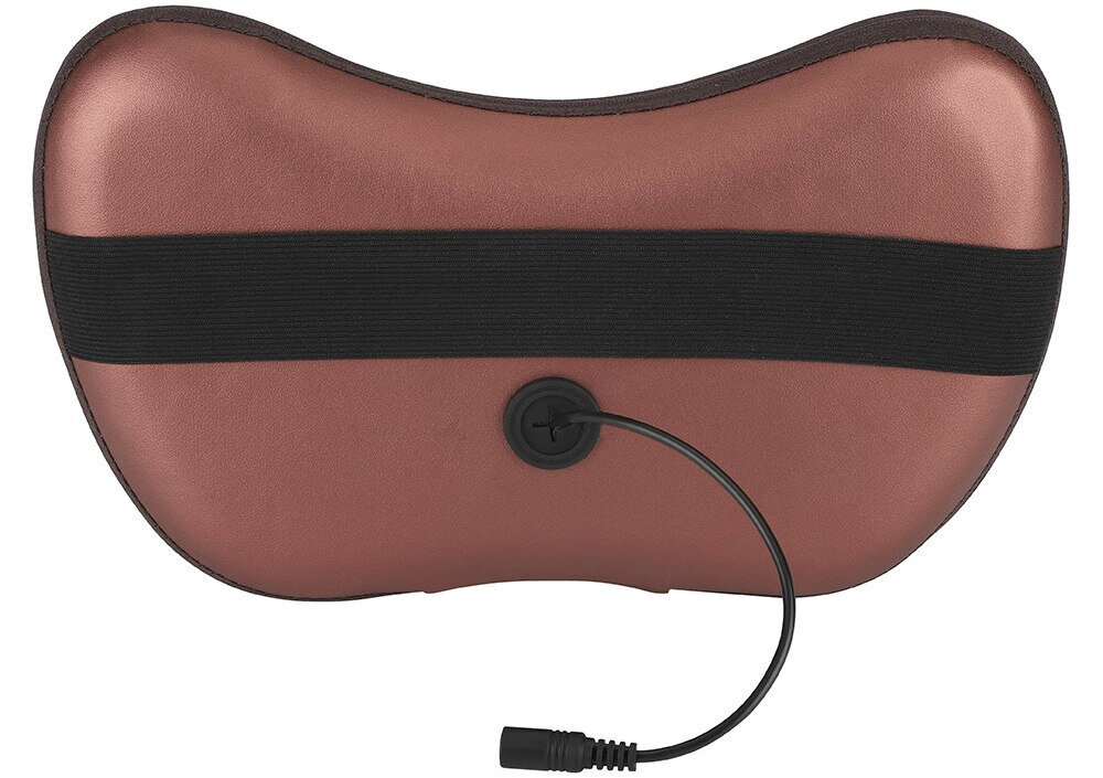 Poduszka masująca w kolorze brązowym z czarnym paskiem i przewodem zasilającym. Produkt ma ergonomiczny kształt i gładką powierzchnię.