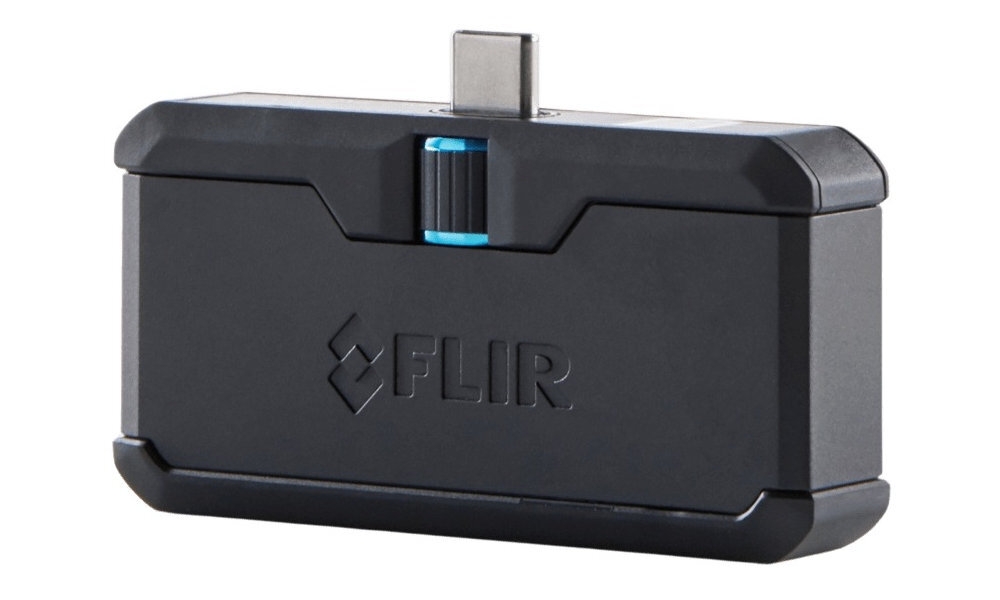 FLIR ONE Pro FLIR ONE Pro wytrzymuje upadek z wysokości do 1,8 m Zakres pomiaru od –20°C do 400°C chłodne przestrzenie rozgrzane podzespoły - kamera pod skasem od góry na białym tle