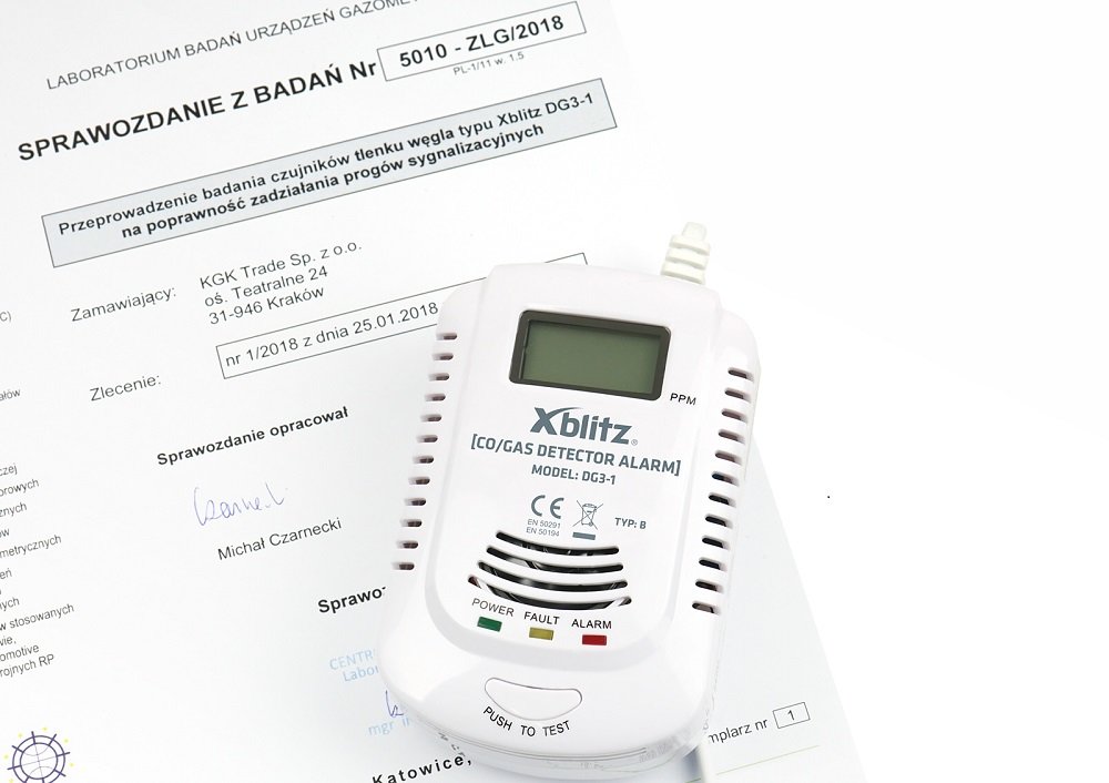 Czujnik tlenku wegla i gazu XBLITZ DG3 1 pozytywna opinia Centrum Badań i Certyfikacji Labolatorium Badań Urządzeń Gazomentrycznych