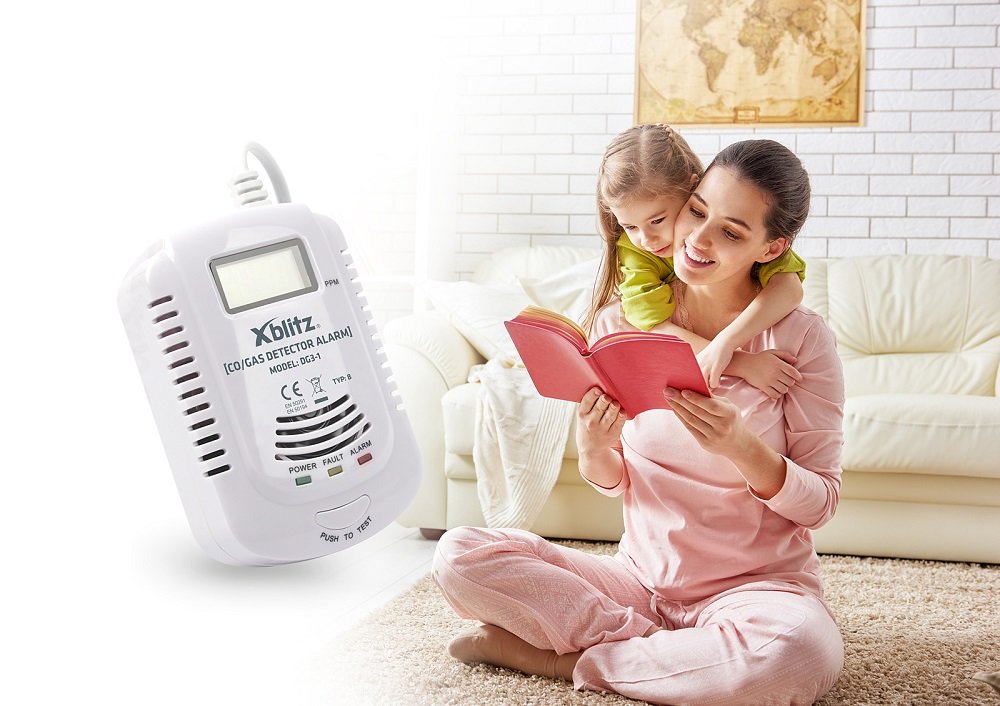 Czujnik tlenku wegla i gazu XBLITZ DG3 1 do domu zagrożenie zatrucia gazem zasilany z sieci 9V 6F22 duży czytelny wyświetlacz LCD alarm