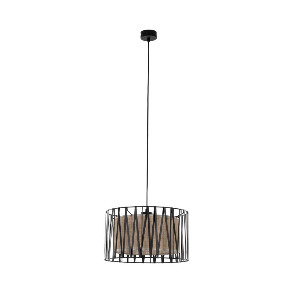 Lampa wisząca z czarnym metalowym kloszem o cylindrycznym kształcie, wewnątrz którego znajduje się brązowy element z juty. Lampa jest zawieszona na cienkim, regulowanym przewodzie.
