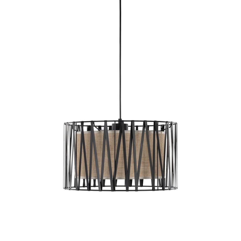 Lampa wisząca z czarno-brązowym kloszem wykonanym z metalu i juty, o cylindrycznym kształcie z geometrycznym wzorem. Posiada regulowaną wysokość zawieszenia.