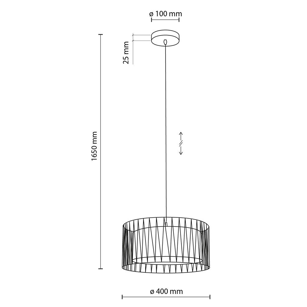 Schematyczny rysunek lampy wiszącej z wymiarami: wysokość regulowana do 1650 mm, średnica klosza 400 mm, średnica mocowania sufitowego 100 mm, wysokość mocowania 25 mm.