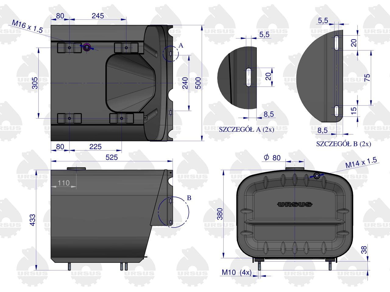 Rysunek techniczny przedstawiający zbiornik paliwa z wymiarami i szczegółami konstrukcyjnymi. Widoczne są napisy \'URSUS\' oraz oznaczenia takie jak M16 x 1.5 i M14 x 1.5.