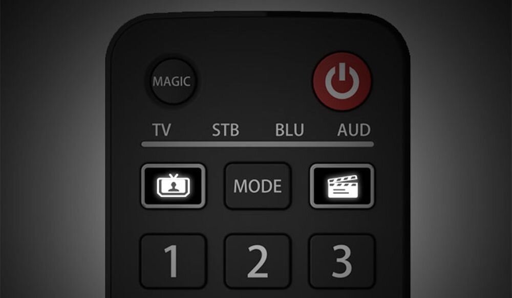 ONE FOR ALL Evolve 4 URC7145 Smart Activities Watch TV Watch Movie telewizor dekoder audio, Podświetlone przyciski trybów Smart Activities Watch TV oraz Watch Movie na klawiaturze pilota URC7145