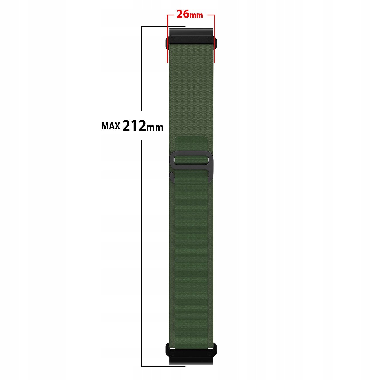 Zielony pasek nylonowy o szerokości 26 mm i maksymalnej długości 212 mm. Pasek posiada metalowe zapięcie i jest przeznaczony do zegarków sportowych.