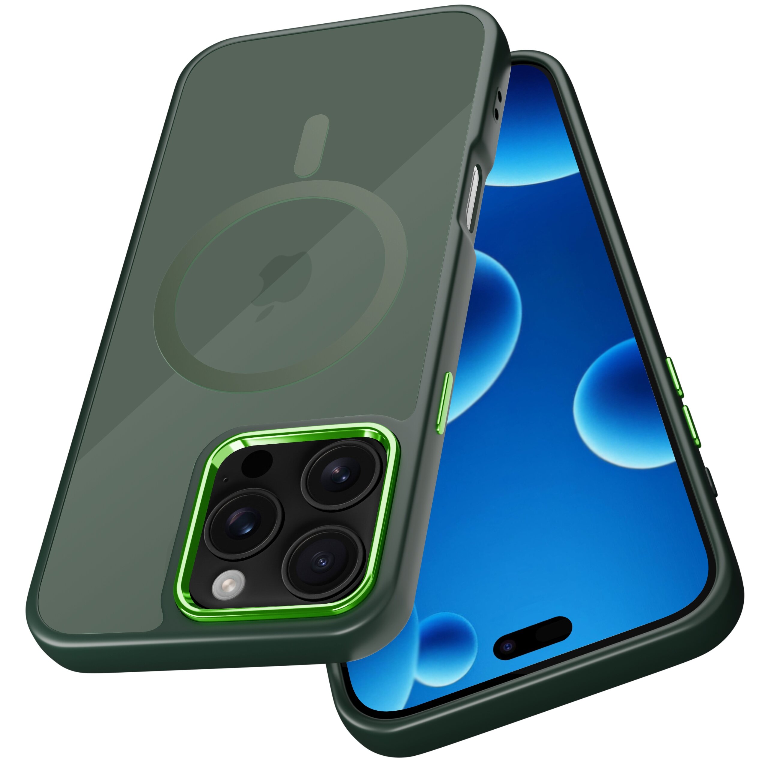Obraz przedstawia zielone etui na telefon z trzema wycięciami na aparaty oraz okrągłym wzorem sugerującym kompatybilność z MagSafe. Telefon w etui wyświetla niebieski ekran z ciemnymi okręgami.