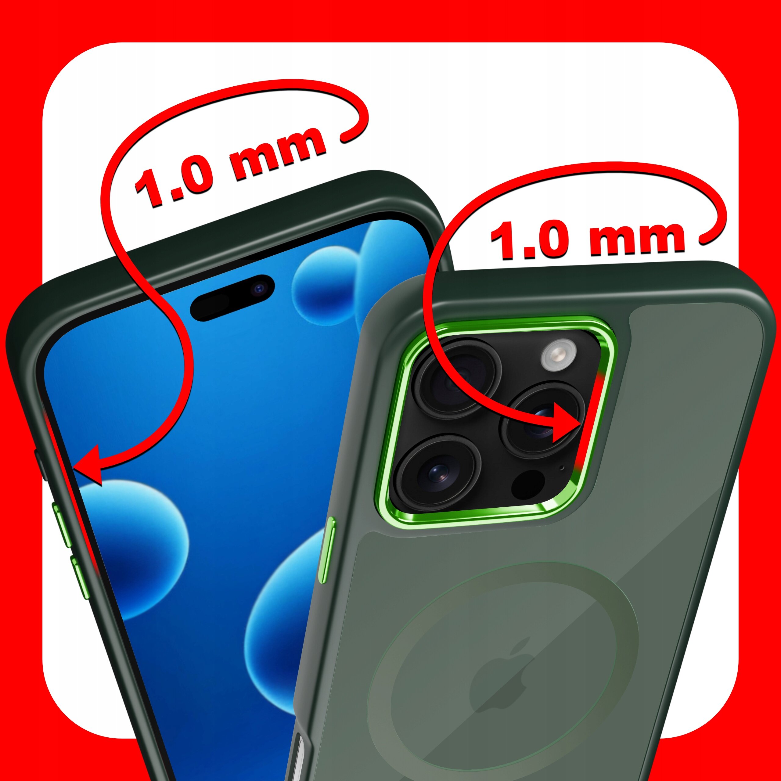 Obraz przedstawia etui na telefon z widocznymi oznaczeniami \'1.0 mm\' przy krawędziach ekranu i aparatu. Etui jest matowe, magnetyczne, z zielonymi akcentami wokół aparatu i przycisków.