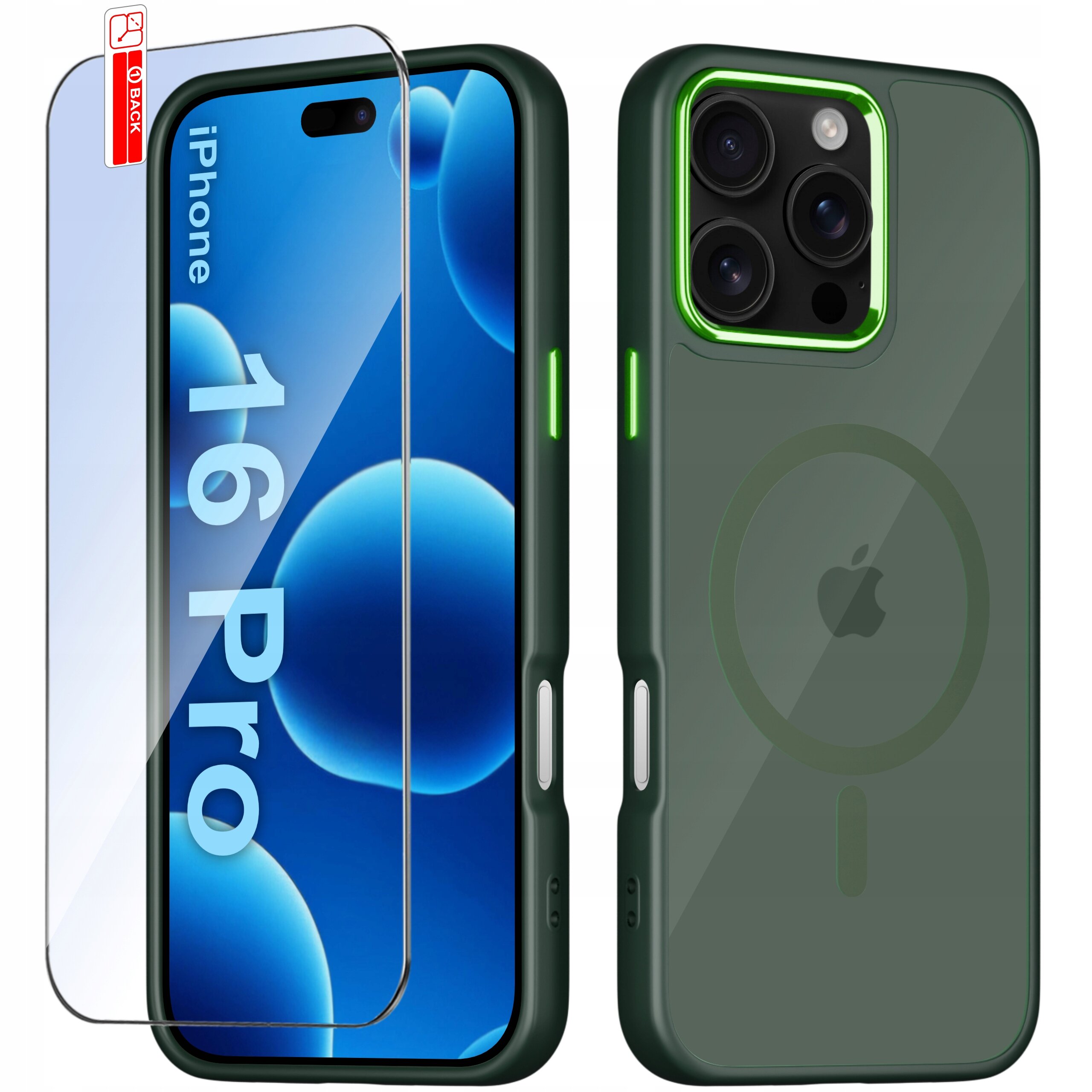 Obraz przedstawia zielone etui na iPhone 16 Pro z trzema aparatami i szkłem ochronnym. Na ekranie telefonu widoczny jest napis \'16 Pro\'.