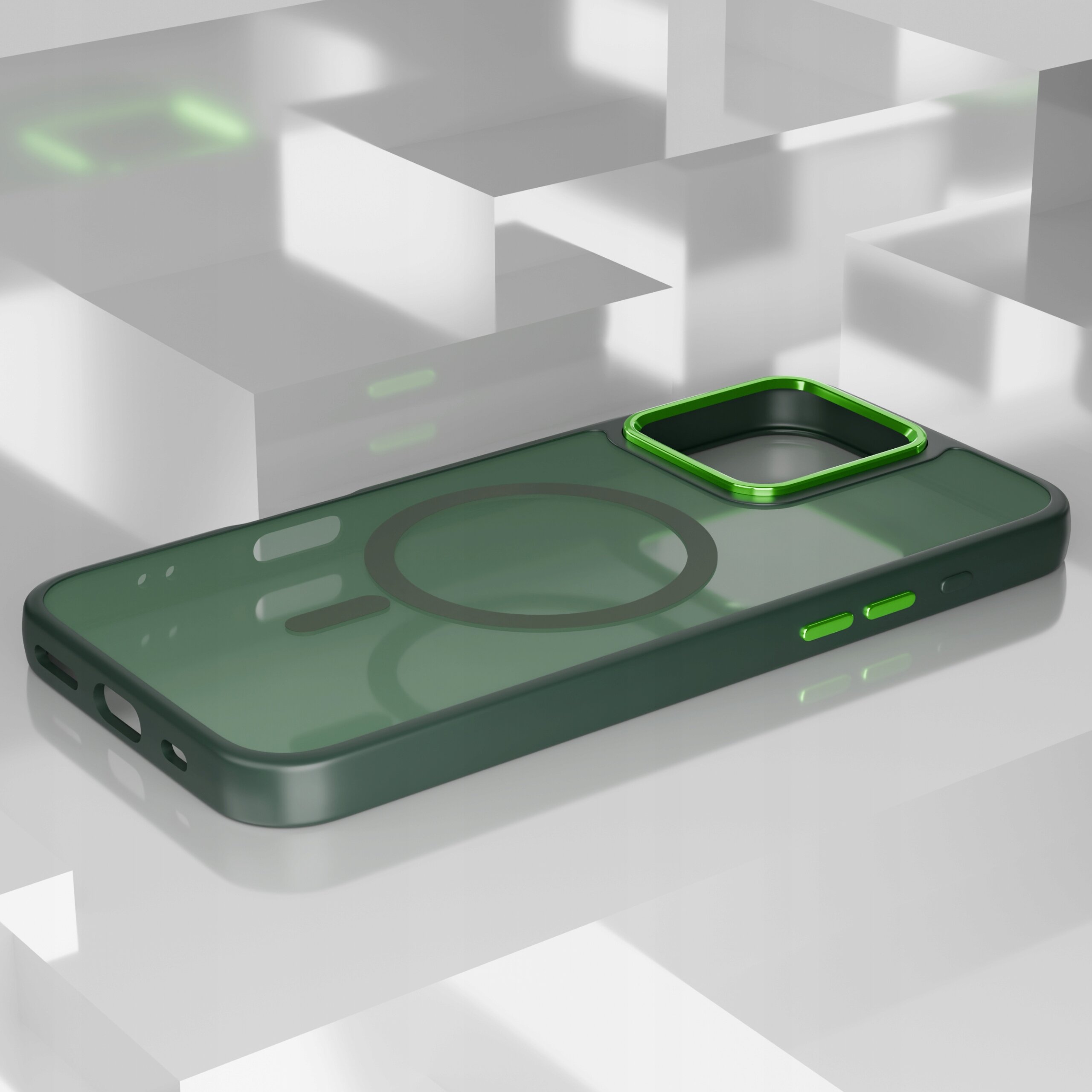 Matowe, magnetyczne etui do iPhone 16 Pro z widocznym okrągłym wzorem na tylnej części, leży na białym, geometrycznym tle.