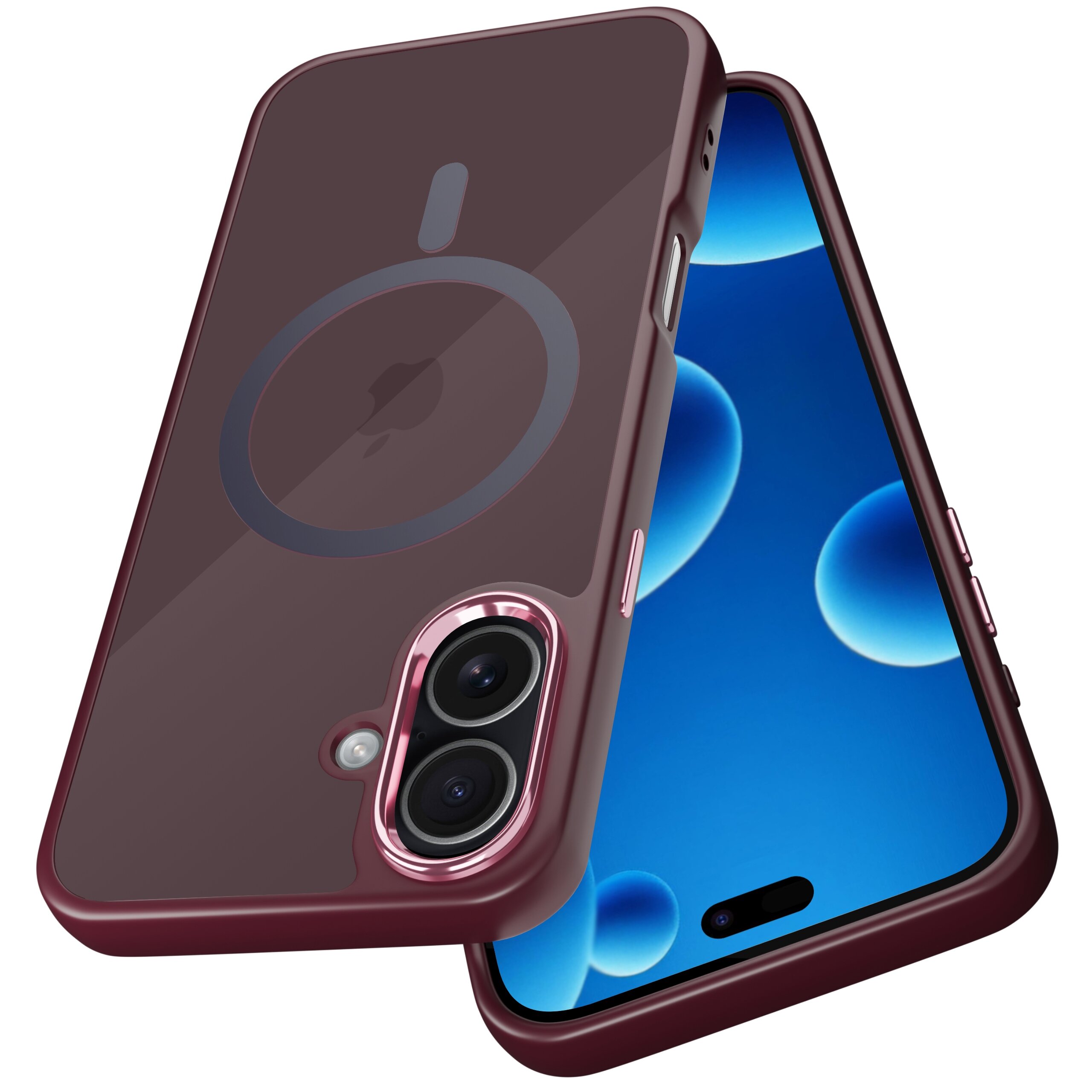 Obraz przedstawia etui na telefon w kolorze bordowym z okrągłym wzorem na środku, przeznaczone do iPhone\'a. W tle widoczny jest ekran telefonu z niebieskim motywem.