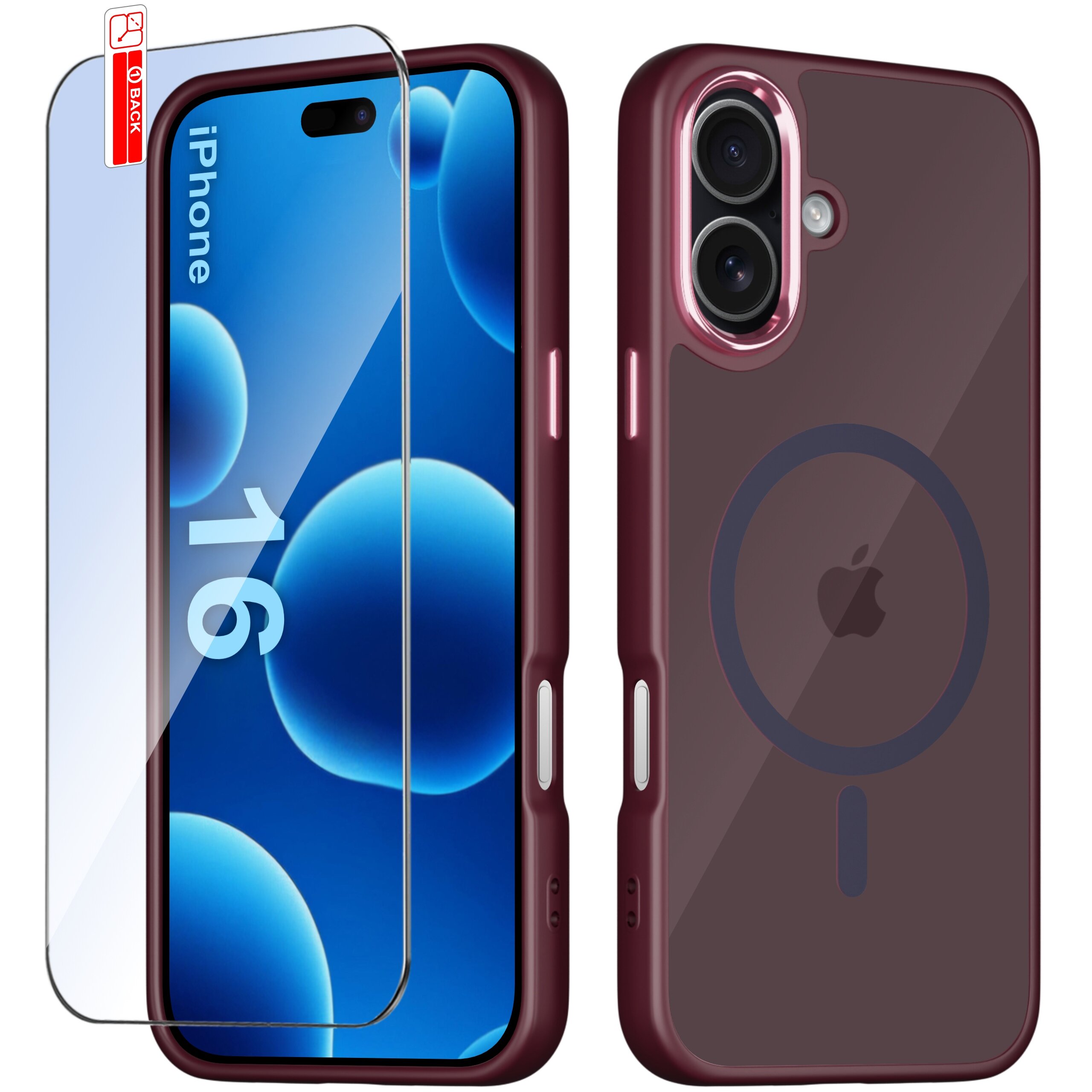 Obraz przedstawia etui do iPhone 16 w kolorze bordowym z przezroczystym szkłem ochronnym. Na etui widoczny jest okrągły symbol wskazujący na kompatybilność z MagSafe oraz logo producenta w formie jabłka.