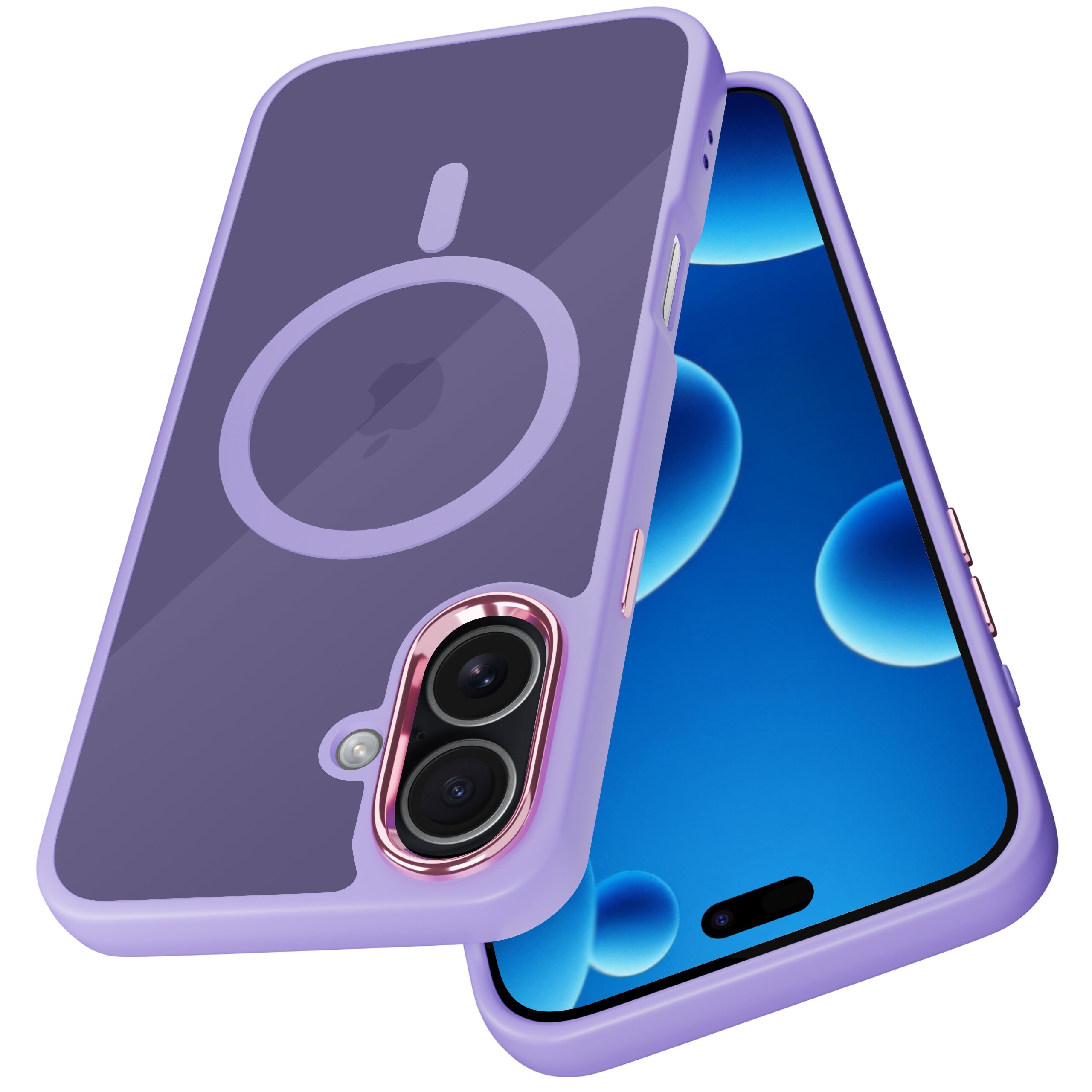 Fioletowe etui na telefon z okrągłym wzorem na tylnej części, obok smartfona z niebieskim ekranem i podwójnym aparatem.