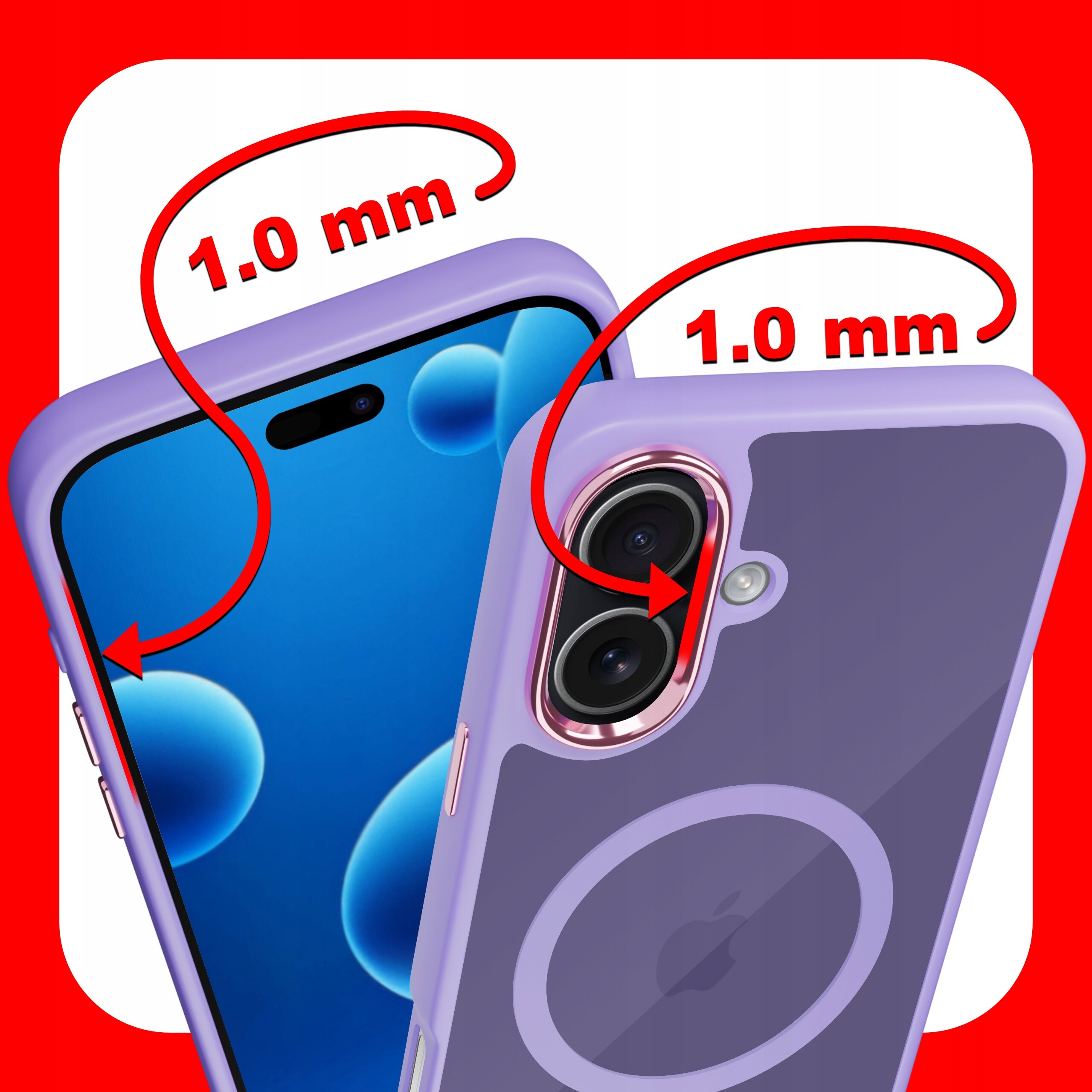 Obraz przedstawia fioletowe etui na telefon z widocznymi oznaczeniami \'1.0 mm\' przy krawędziach ekranu i aparatu. Etui posiada okrągły wzór sugerujący kompatybilność z MagSafe.