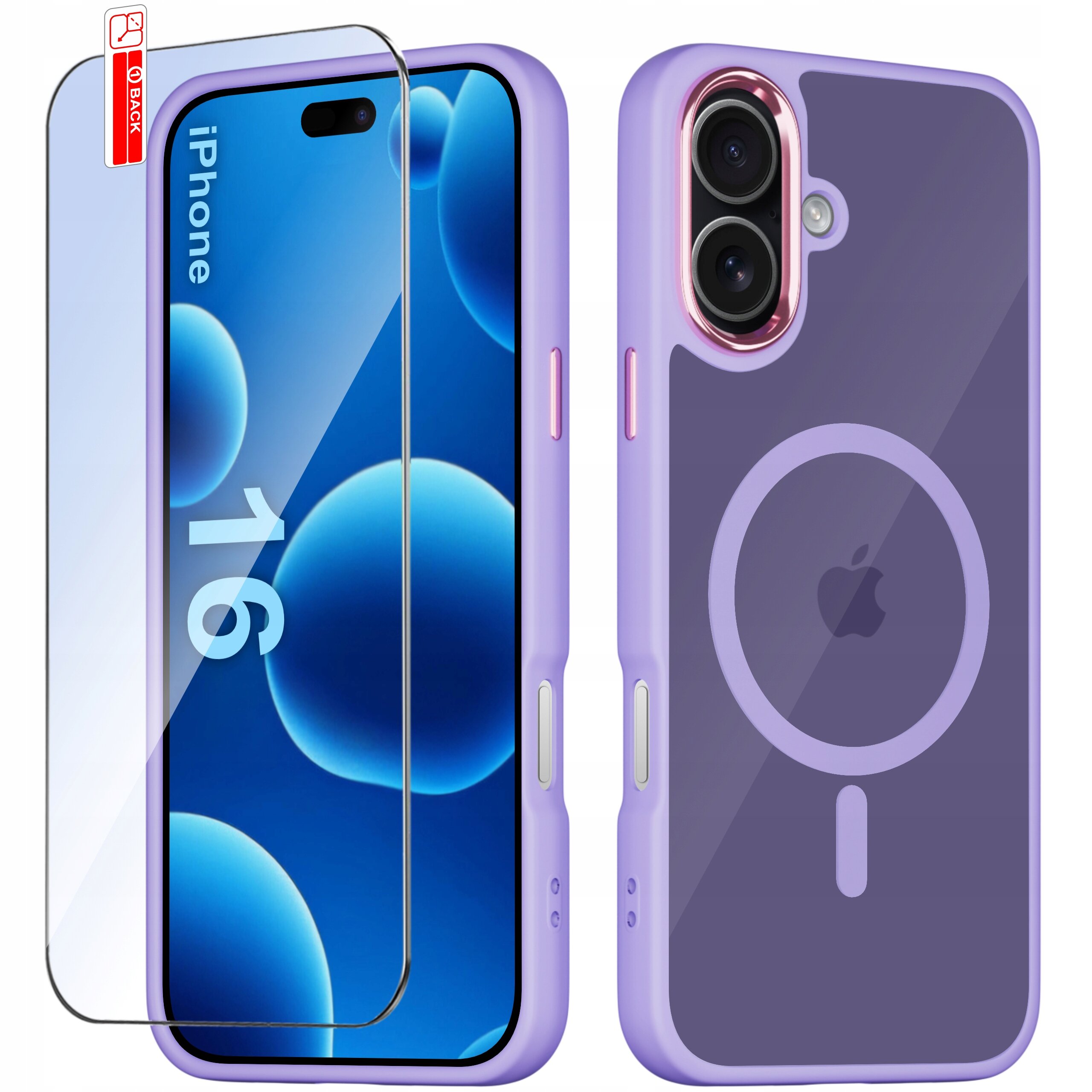 Obraz przedstawia fioletowe etui na telefon z widocznym logo w kształcie jabłka oraz szkło ochronne z napisem \'16\'. Etui ma okrągły wzór sugerujący kompatybilność z ładowaniem magnetycznym.