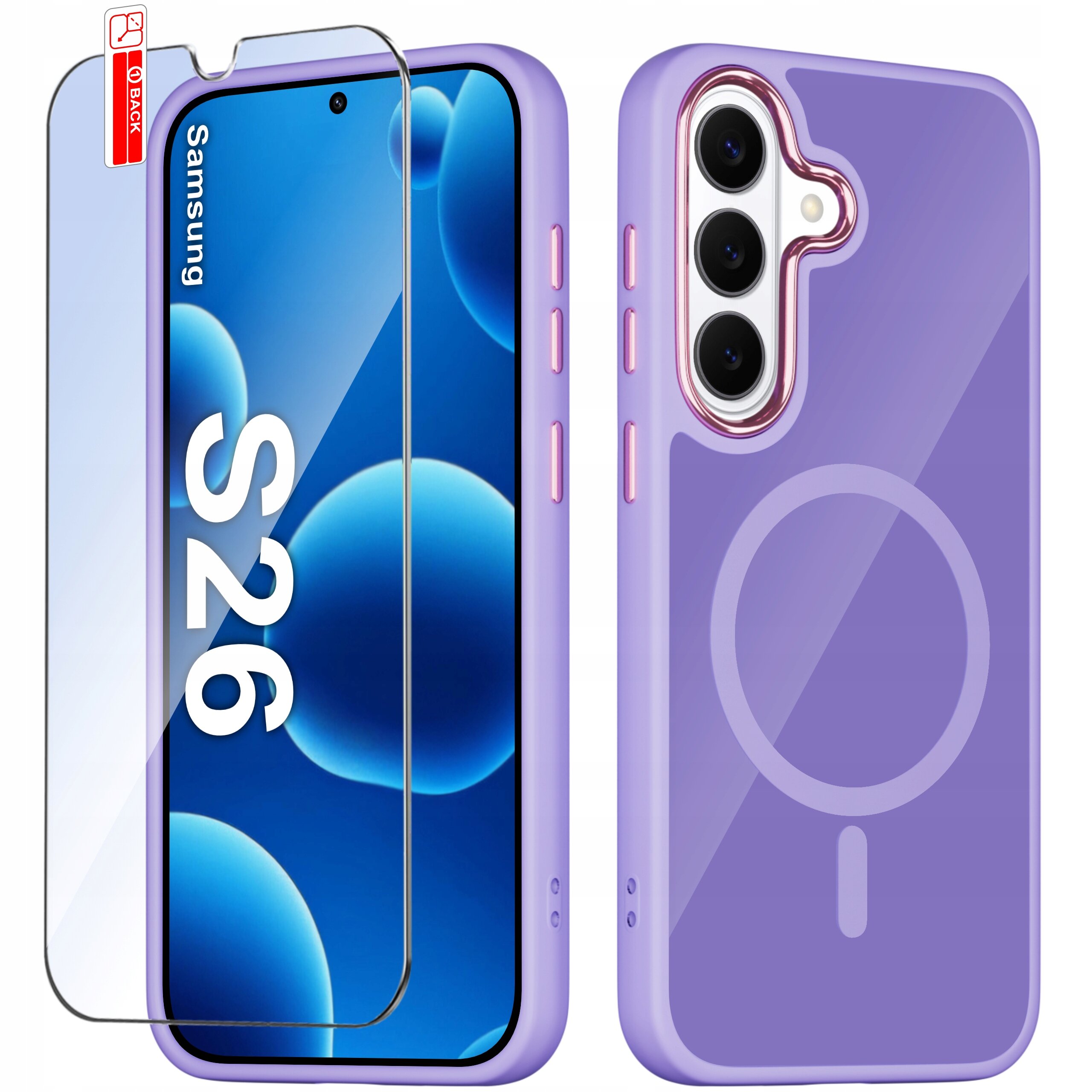 Obraz przedstawia fioletowe etui na telefon Samsung S26 z trzema otworami na aparat oraz szkło ochronne z napisem \'S26\'. Etui ma okrągły wzór sugerujący kompatybilność z MagSafe.