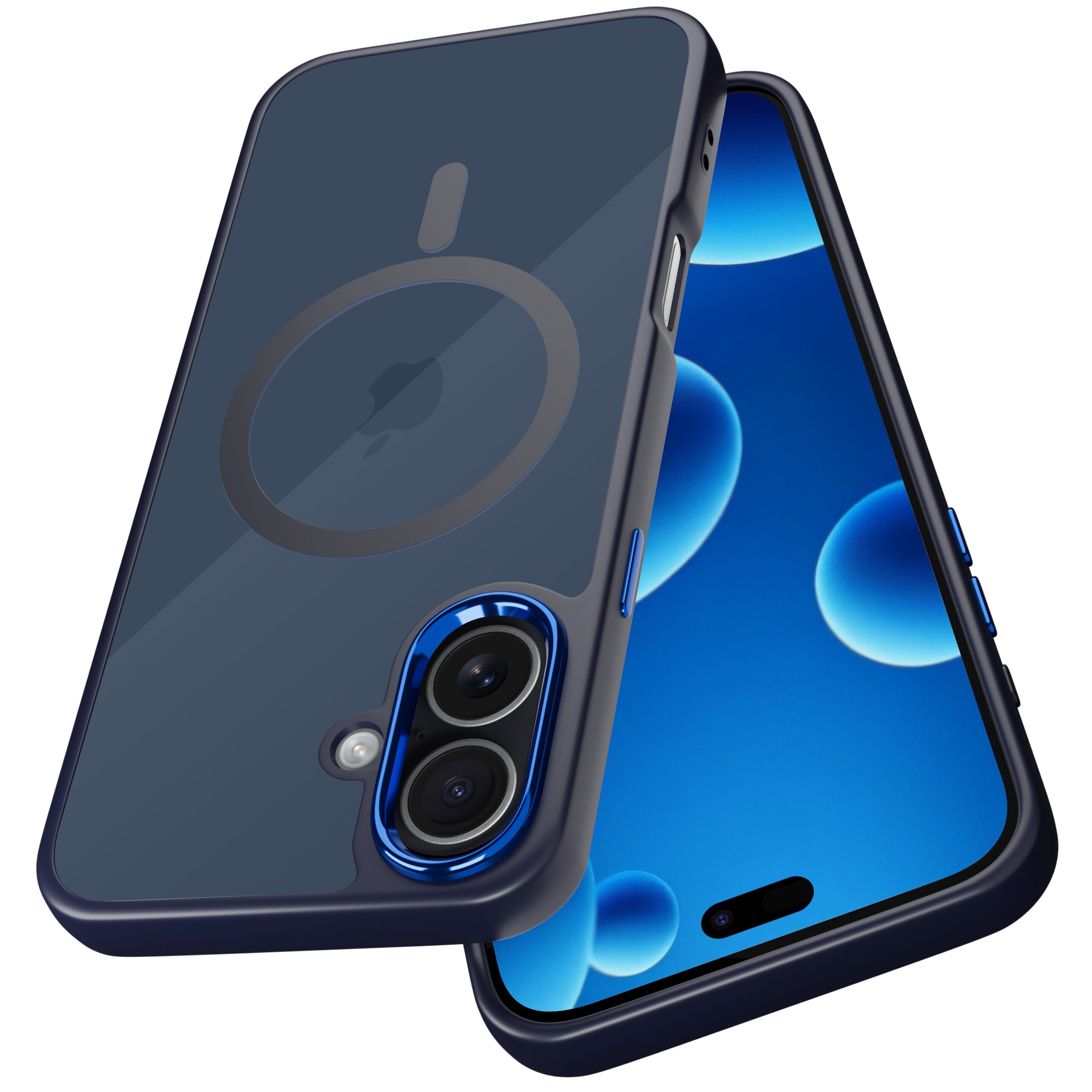 Na obrazie widoczne jest ciemnoniebieskie etui na telefon z okrągłym wzorem na środku, przeznaczone do iPhone\'a. Etui posiada wycięcia na dwa obiektywy aparatu oraz przyciski boczne.