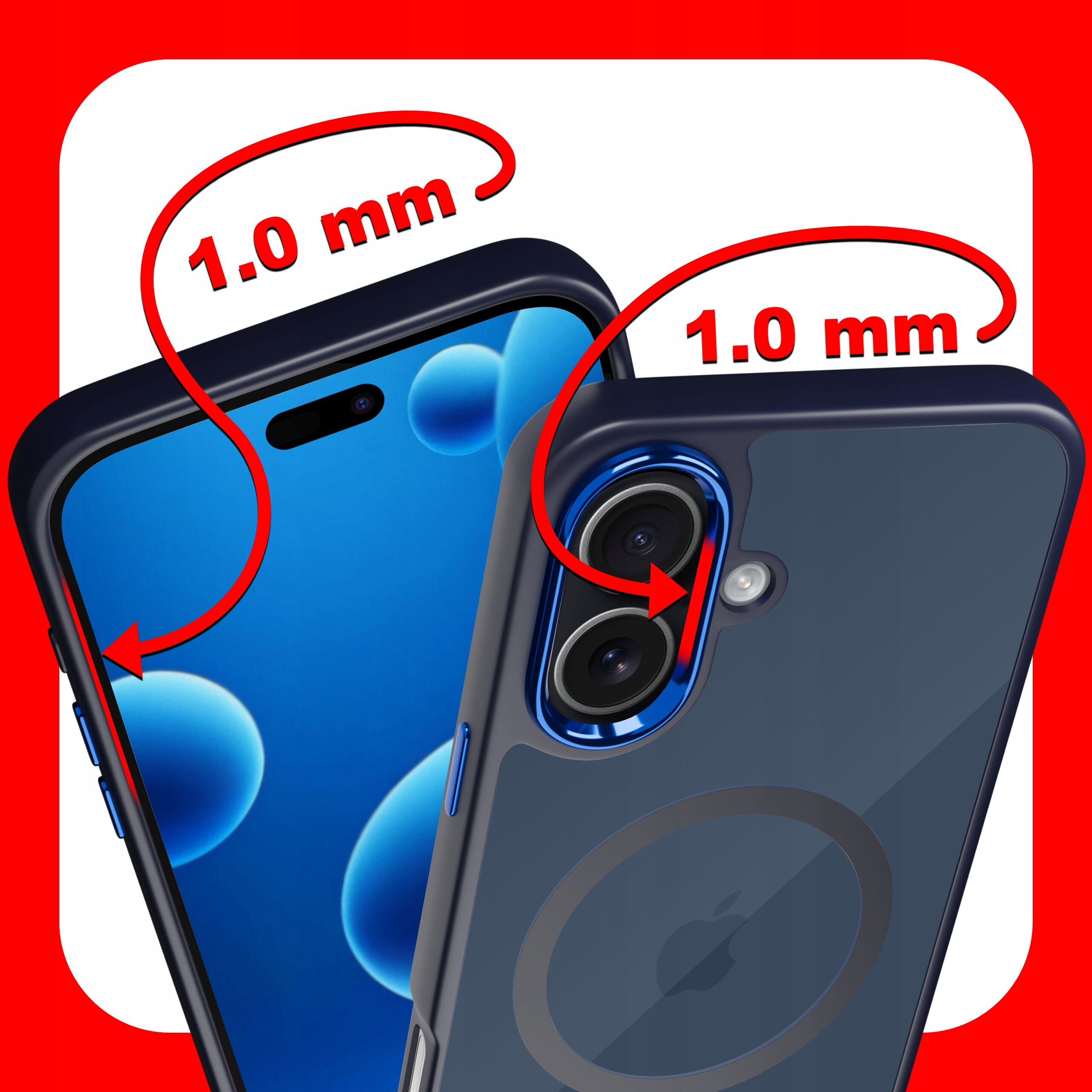 Obraz przedstawia etui na telefon z widocznymi aparatami i ekranem, z zaznaczoną grubością 1.0 mm. Tło jest czerwone, a na etui widoczny jest okrągły wzór sugerujący kompatybilność z MagSafe.