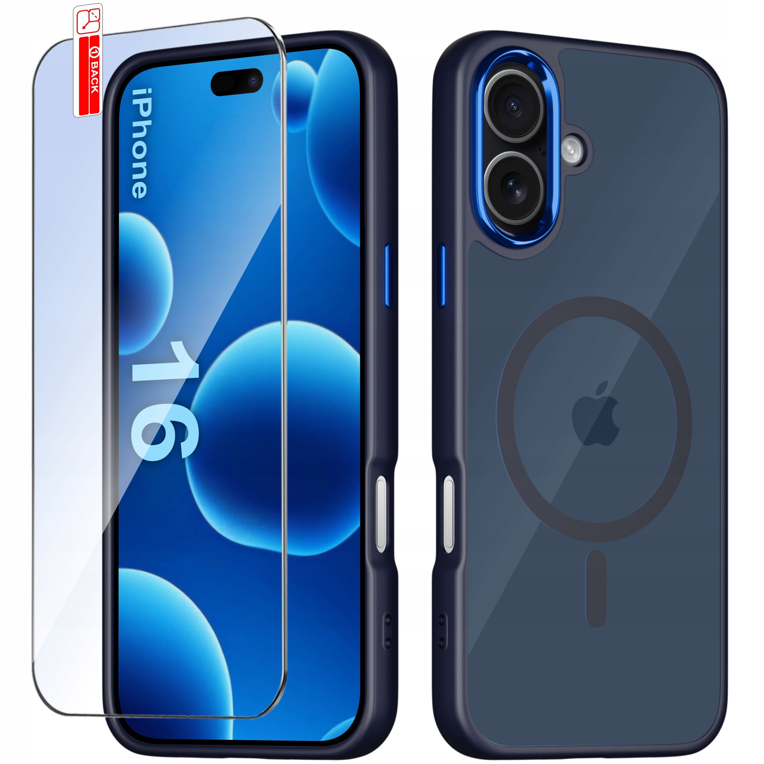 Obraz przedstawia etui do iPhone 16 w kolorze granatowym z matowym wykończeniem oraz szkło ochronne 9H. Na etui widoczny jest okrągły symbol wskazujący na kompatybilność z MagSafe.