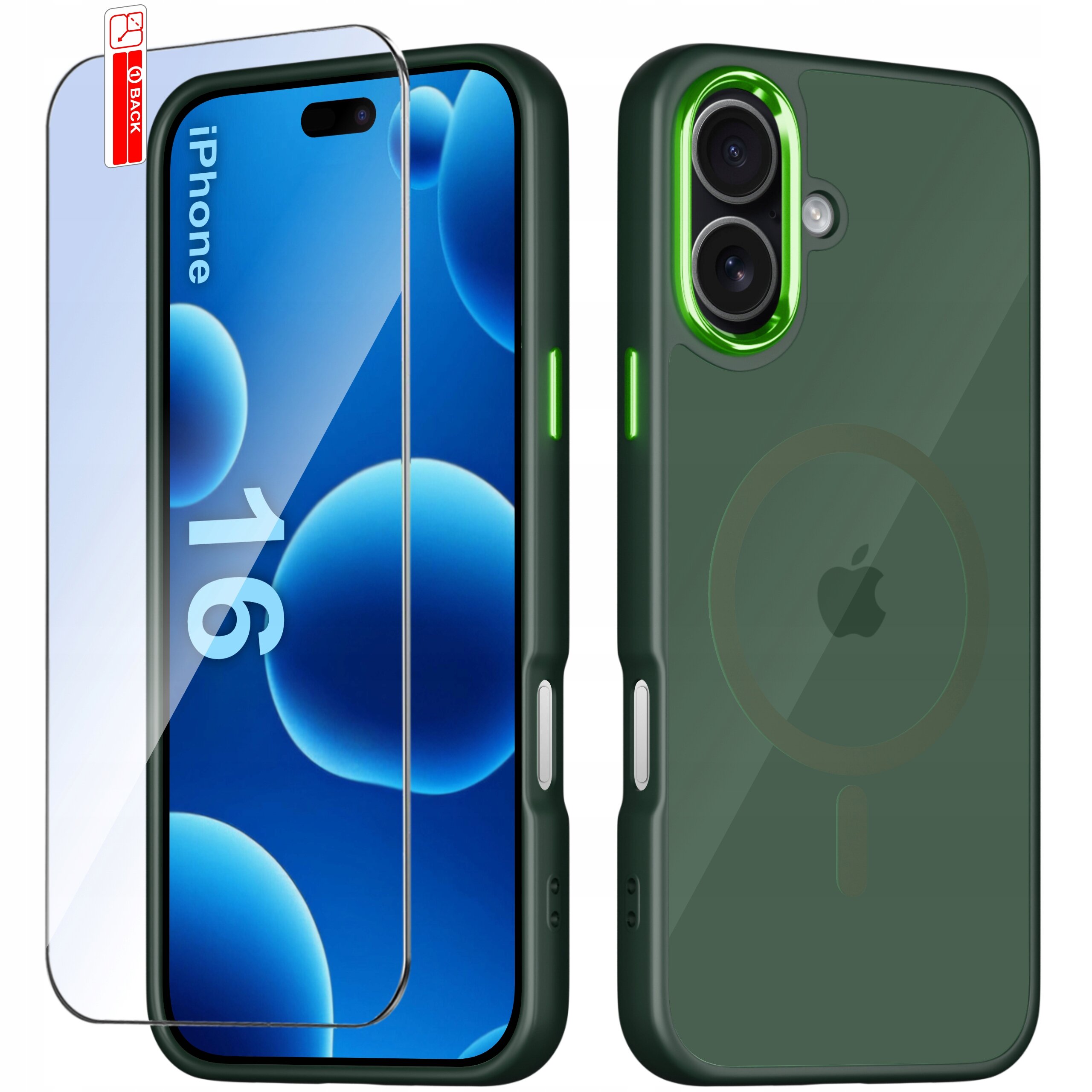 Obraz przedstawia zielone etui do iPhone 16 z matowym wykończeniem i magnetycznym pierścieniem, obok którego znajduje się szkło ochronne 9H. Na ekranie telefonu widoczny jest napis \'iPhone 16\'.