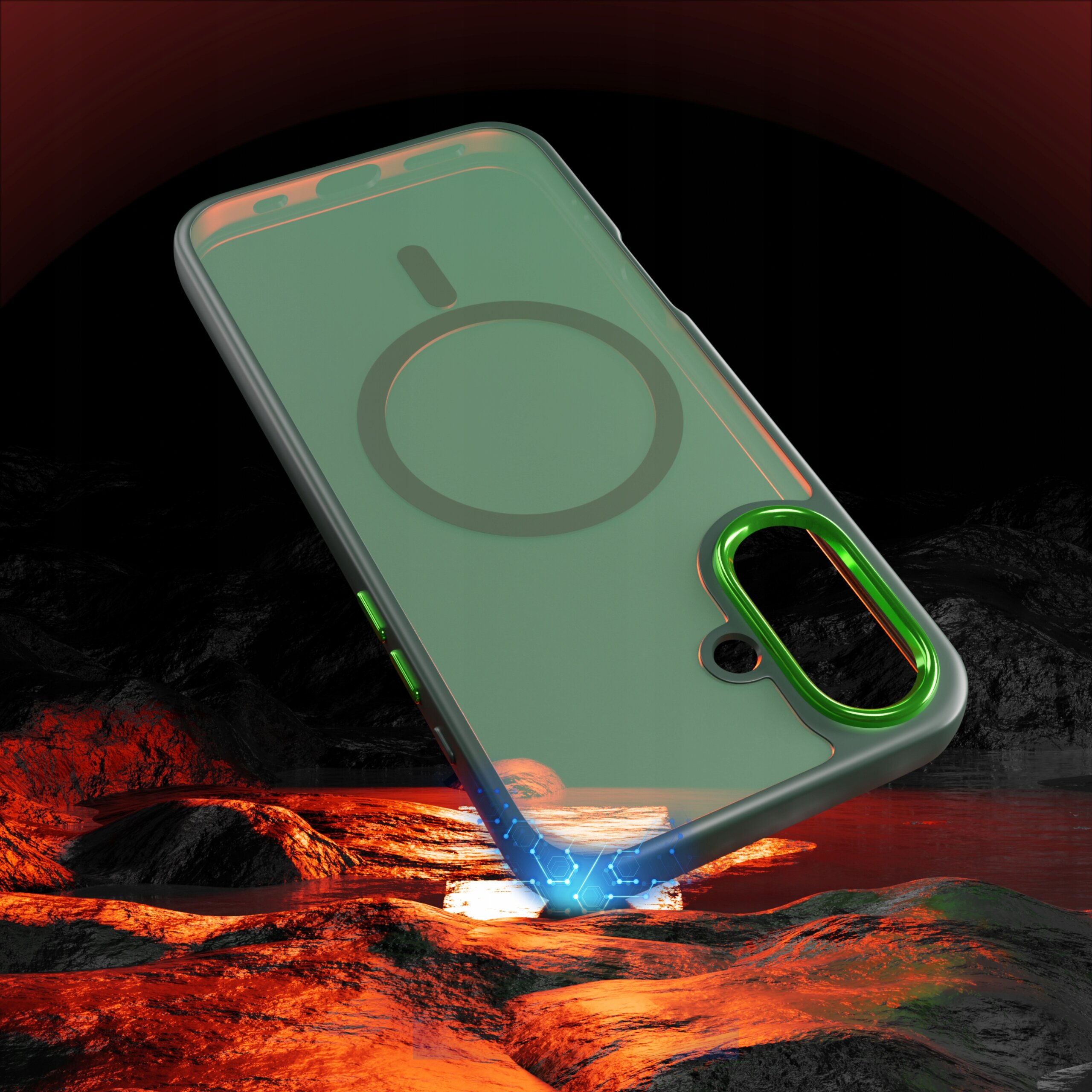 Etui do iPhone 16 z matowym wykończeniem i magnetycznym pierścieniem, unosi się nad powierzchnią przypominającą lawę z efektem świetlnym na dole.