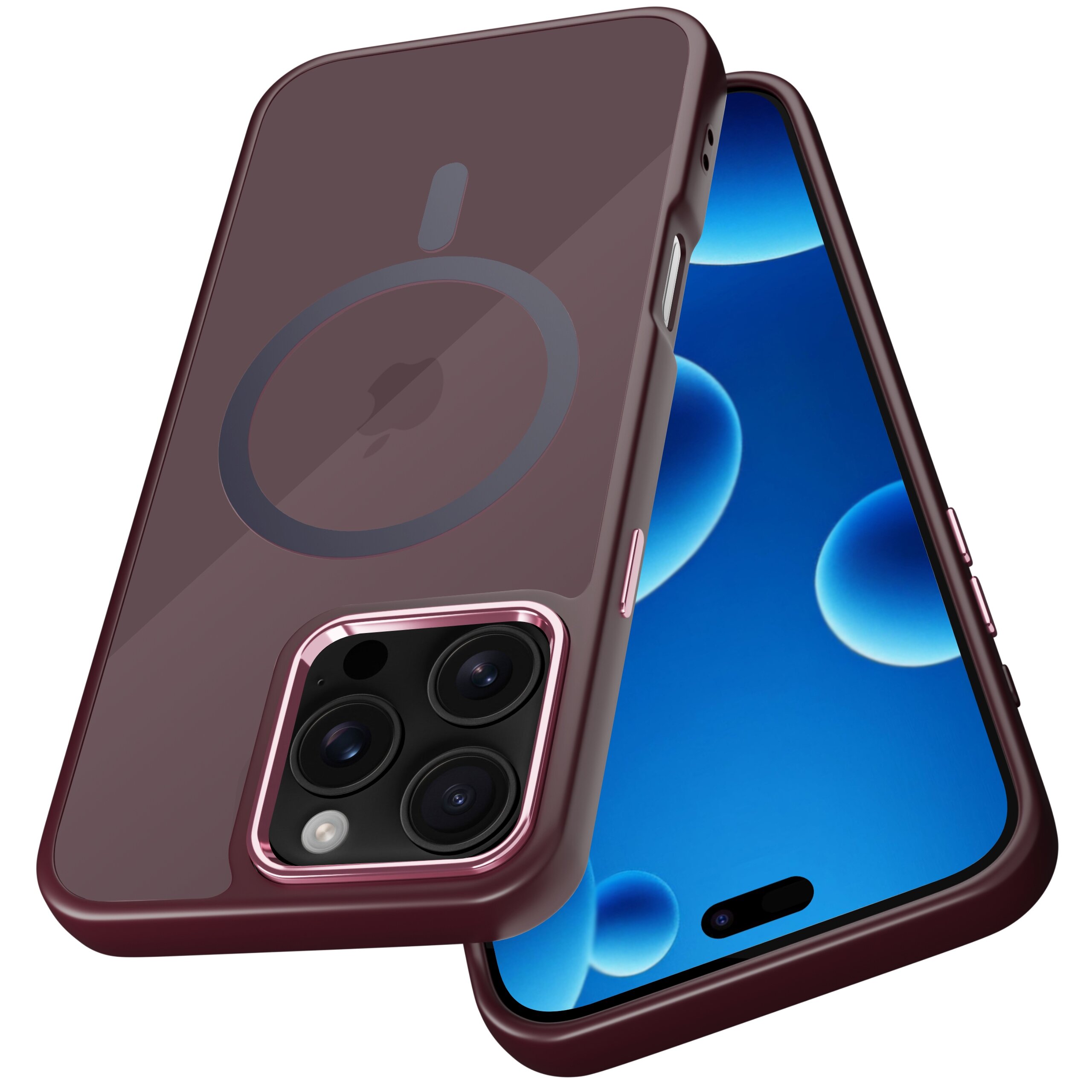 Obraz przedstawia etui na telefon w kolorze bordowym z okrągłym wzorem na środku, przeznaczone do iPhone 16 Pro. Etui posiada wycięcia na aparat z trzema obiektywami i lampą błyskową.