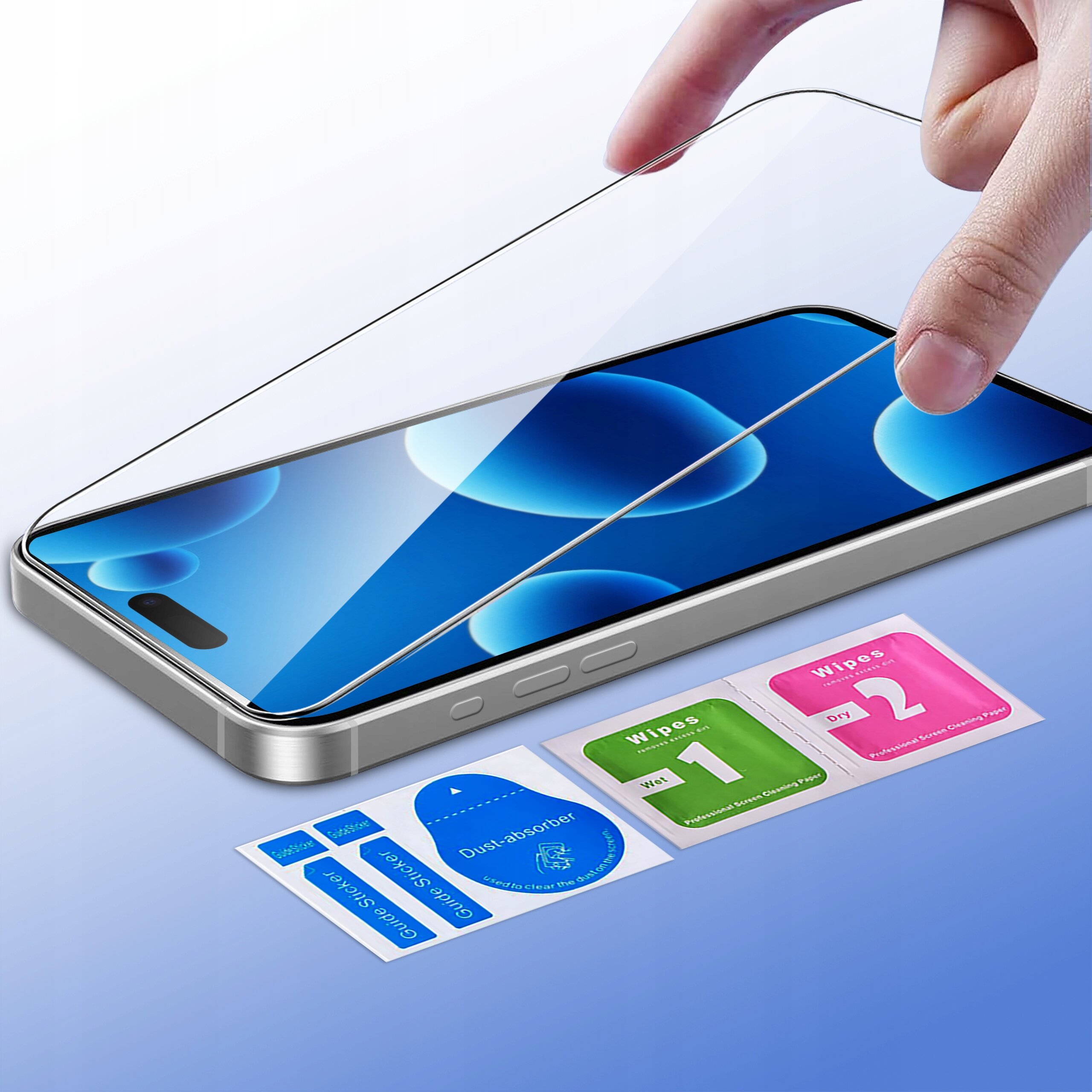 Na zdjęciu widać etui do iPhone 17 z brokatowymi pleckami oraz szkło ochronne 9H, które jest nakładane na ekran telefonu. Obok znajdują się akcesoria do czyszczenia ekranu z napisami: \'Wipes Wet 1\', \'Wipes Dry 2\', \'Dust-absorber\', \'Guide Sticker\'.