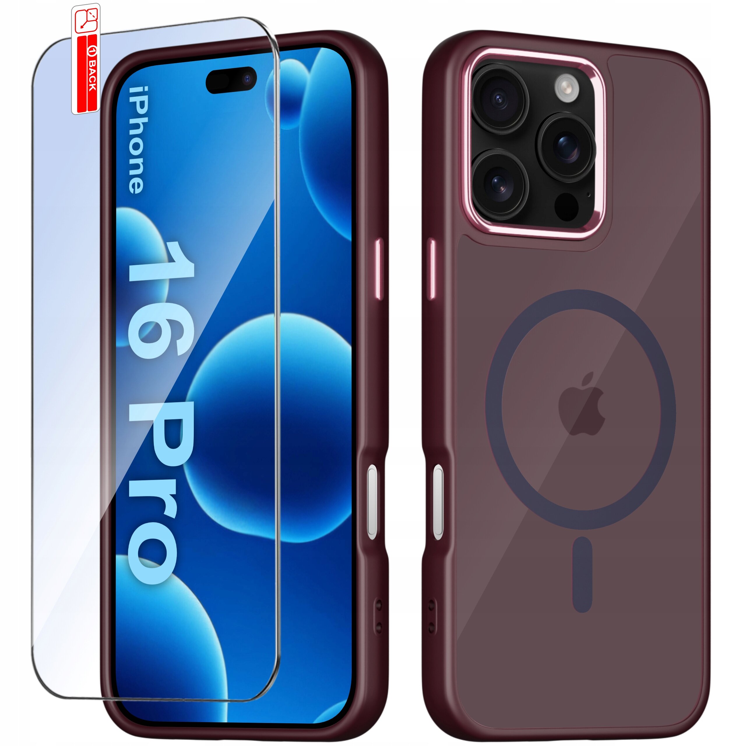 Obraz przedstawia etui na telefon w kolorze bordowym z okrągłym wzorem na tylnej części oraz szkło ochronne z napisem \'16 Pro\'. Etui posiada wycięcia na aparat i przyciski boczne.
