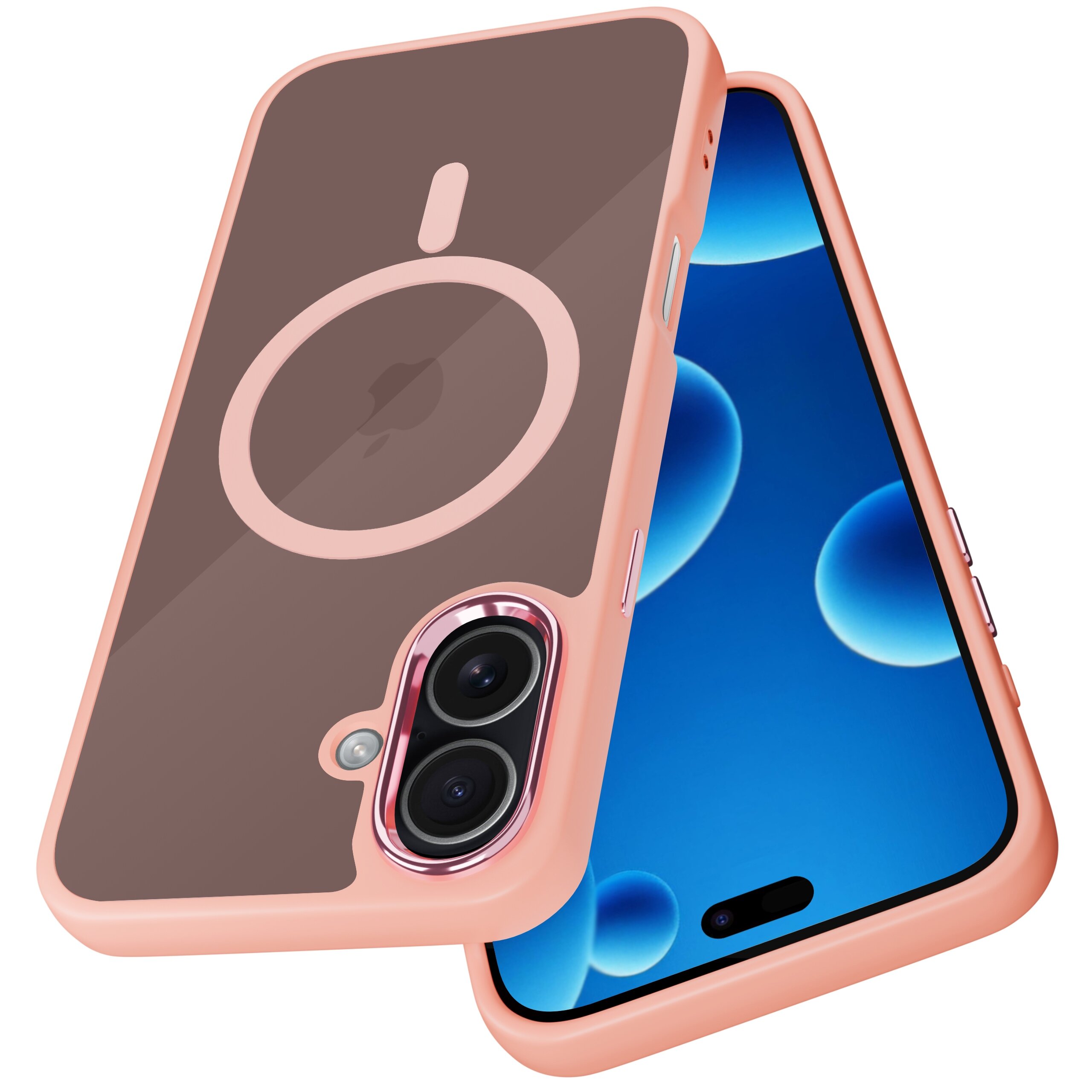 Etui do iPhone 16 w kolorze różowym z matowym wykończeniem i magnetycznym pierścieniem, obok widoczny ekran telefonu z niebieskim tłem.