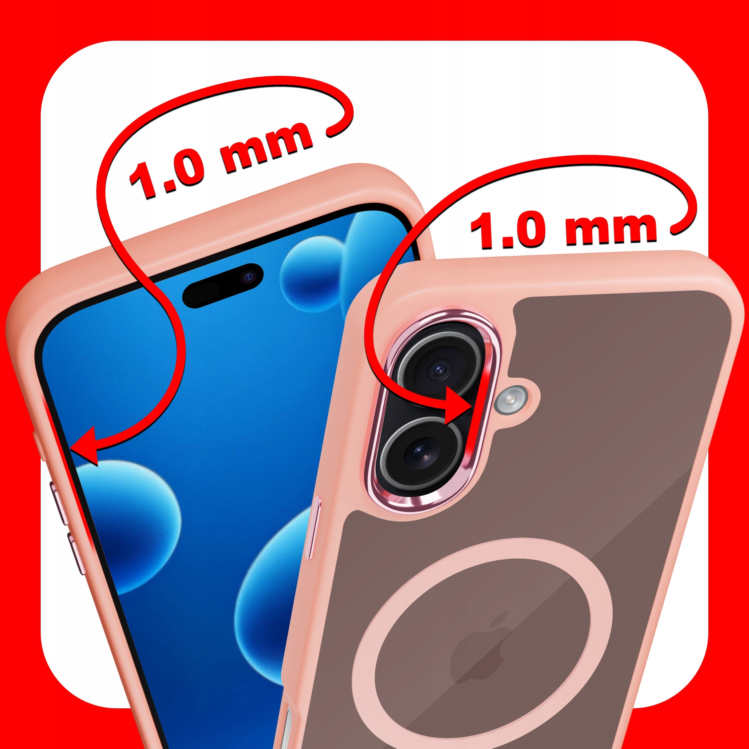 Obraz przedstawia etui na telefon z widocznymi oznaczeniami \'1.0 mm\' przy krawędziach ekranu i aparatu. Etui jest w kolorze różowym z przezroczystym tyłem i okrągłym wzorem, sugerującym kompatybilność z MagSafe.