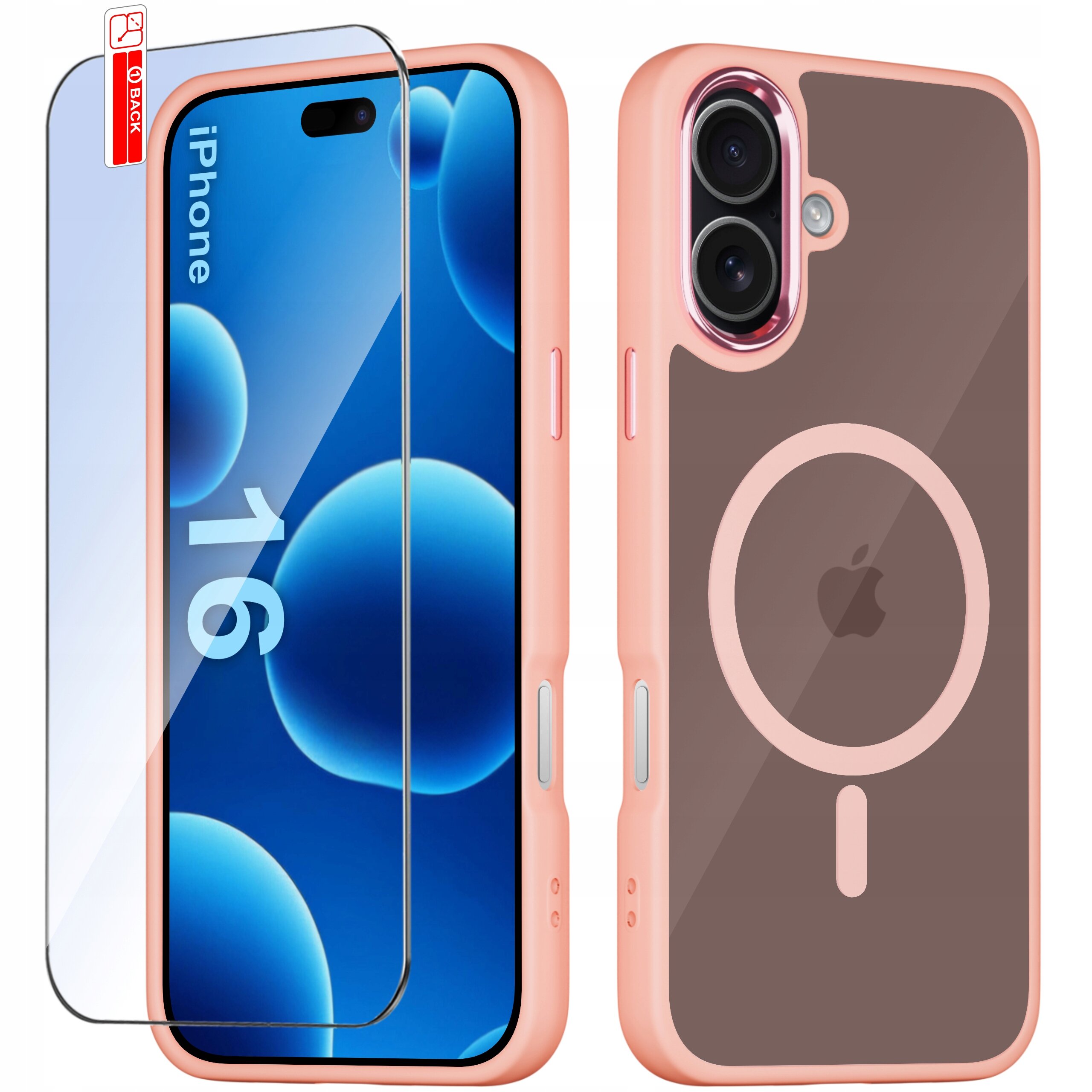 Obraz przedstawia różowe etui na telefon z przezroczystym szkłem ochronnym. Na etui widoczny jest symbol magnetyczny oraz logo w kształcie jabłka.