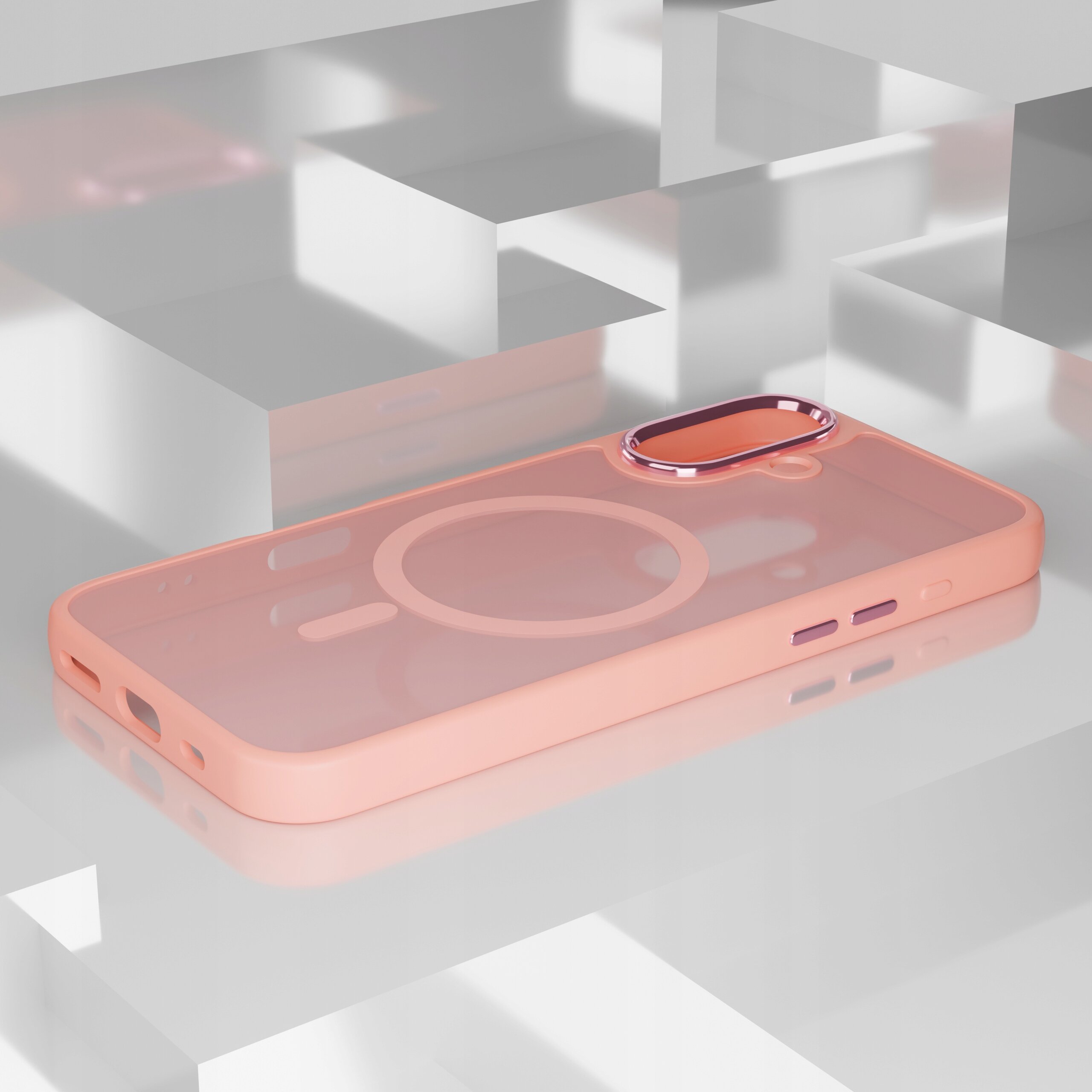 Różowe etui na telefon z okrągłym wzorem na środku i wycięciem na aparat, leży na przezroczystej powierzchni. Etui ma matowe wykończenie i magnetyczne elementy.