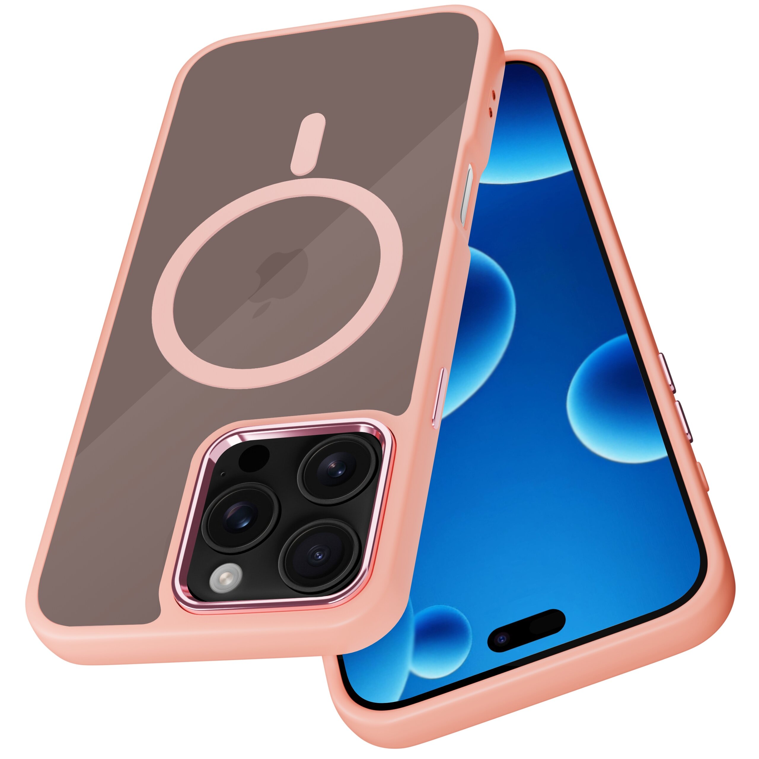 Etui do iPhone 16 Pro w kolorze różowym z matowym wykończeniem i magnetycznym pierścieniem, obok telefonu z niebieskim ekranem.