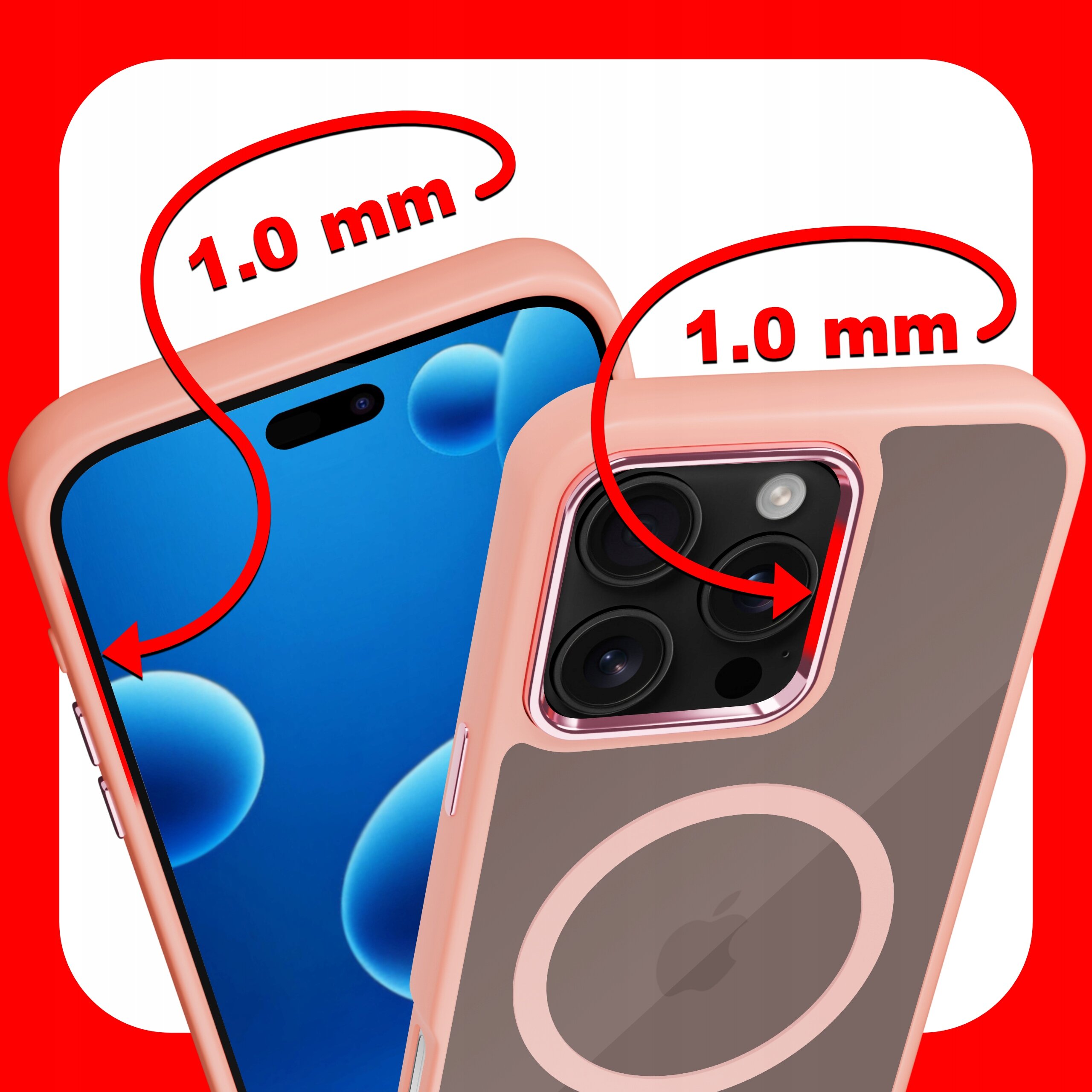 Obraz przedstawia etui na telefon z widocznymi oznaczeniami \'1.0 mm\' przy krawędziach ekranu i aparatu. Etui jest w kolorze różowym z przezroczystym tyłem i okrągłym wzorem, a w tle znajduje się czerwone tło.