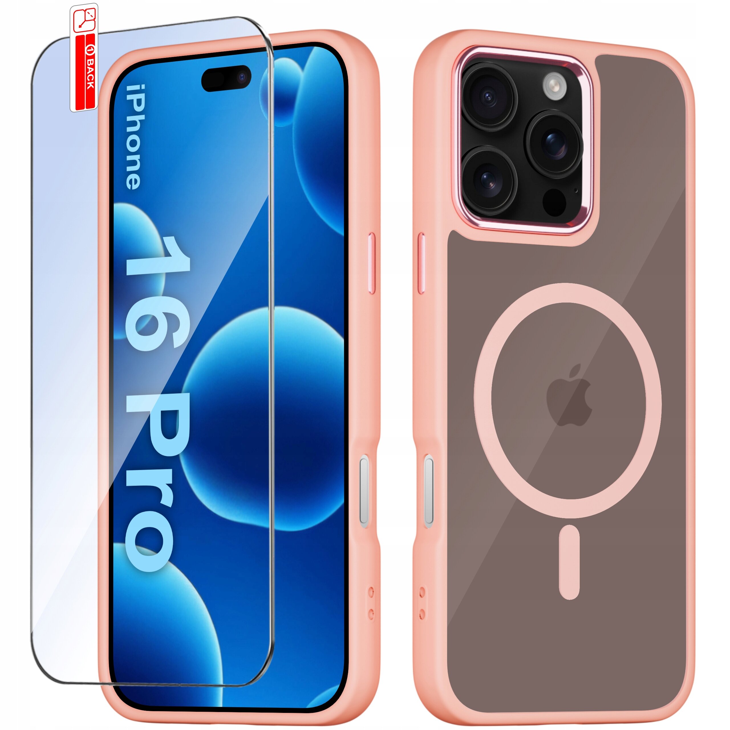 Obraz przedstawia etui do iPhone 16 Pro w kolorze różowym z przezroczystym szkłem ochronnym. Na etui widoczny jest okrągły symbol wskazujący na kompatybilność z MagSafe oraz logo w kształcie jabłka.
