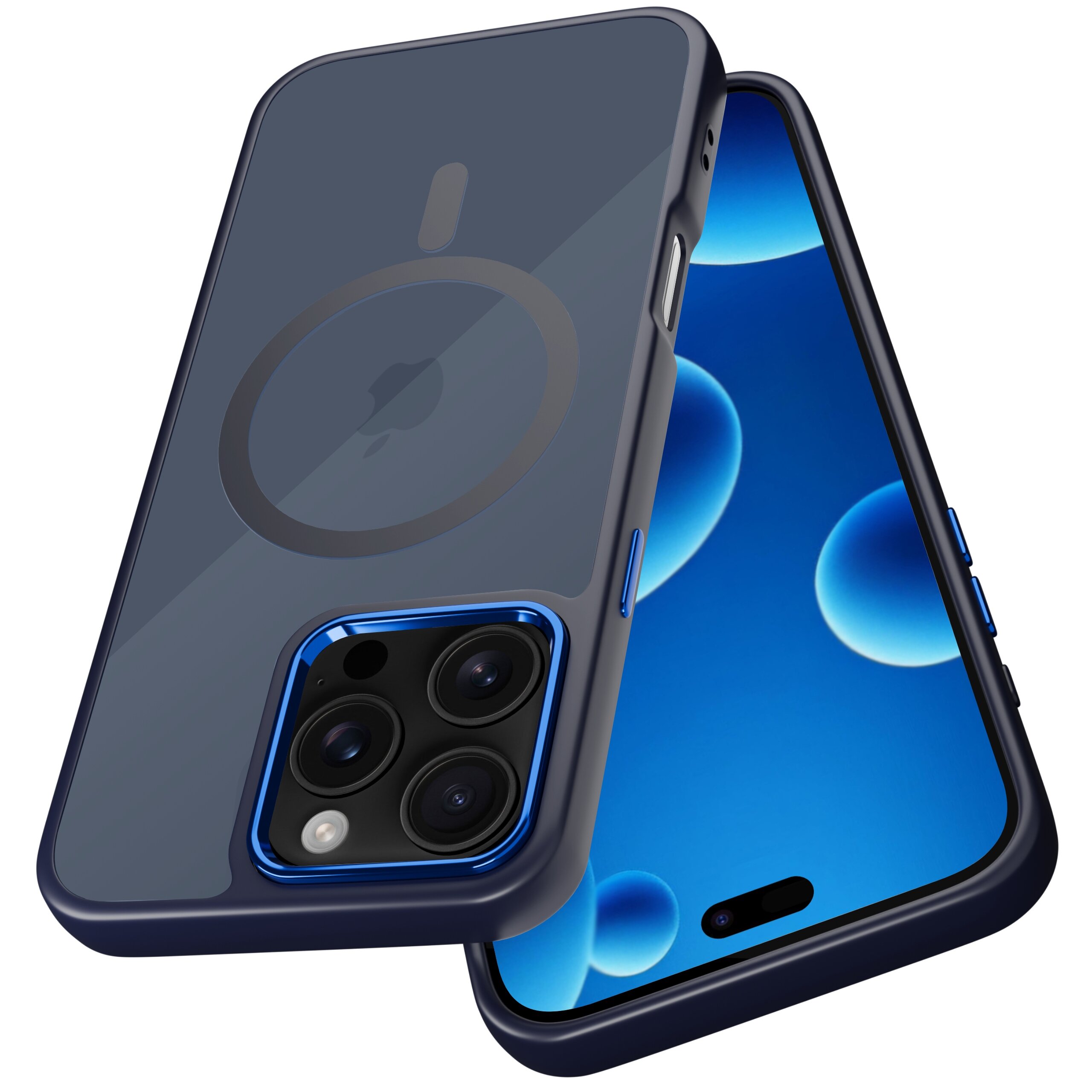 Obraz przedstawia etui na telefon z trzema widocznymi obiektywami aparatu oraz okrągłym wzorem na tylnej części. Etui jest w ciemnym kolorze z niebieskimi akcentami wokół obiektywów.