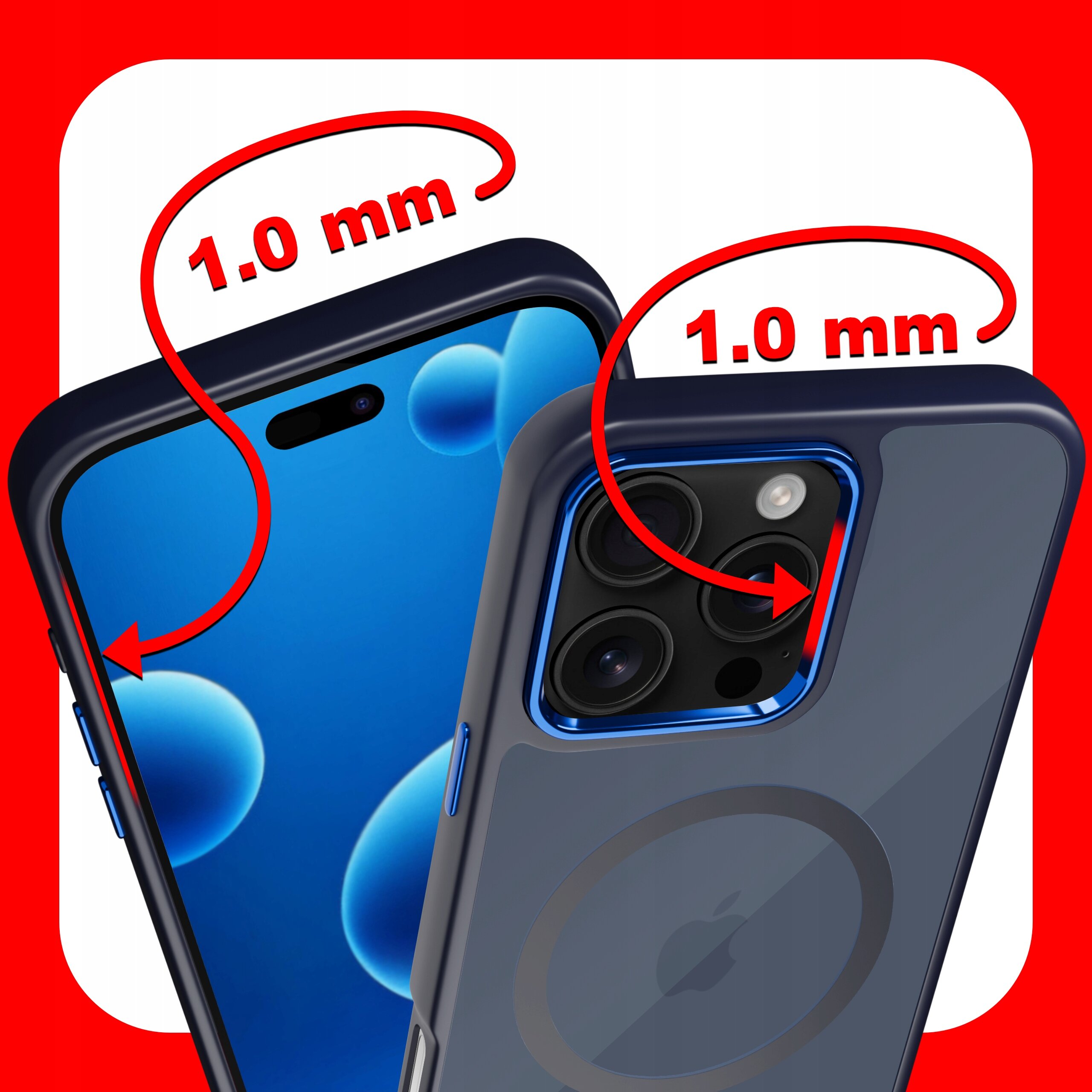 Obraz przedstawia etui na telefon z widocznymi oznaczeniami \'1.0 mm\' przy krawędziach ekranu i aparatu. Etui jest ciemne z niebieskimi akcentami i posiada okrągły wzór na tylnej części.