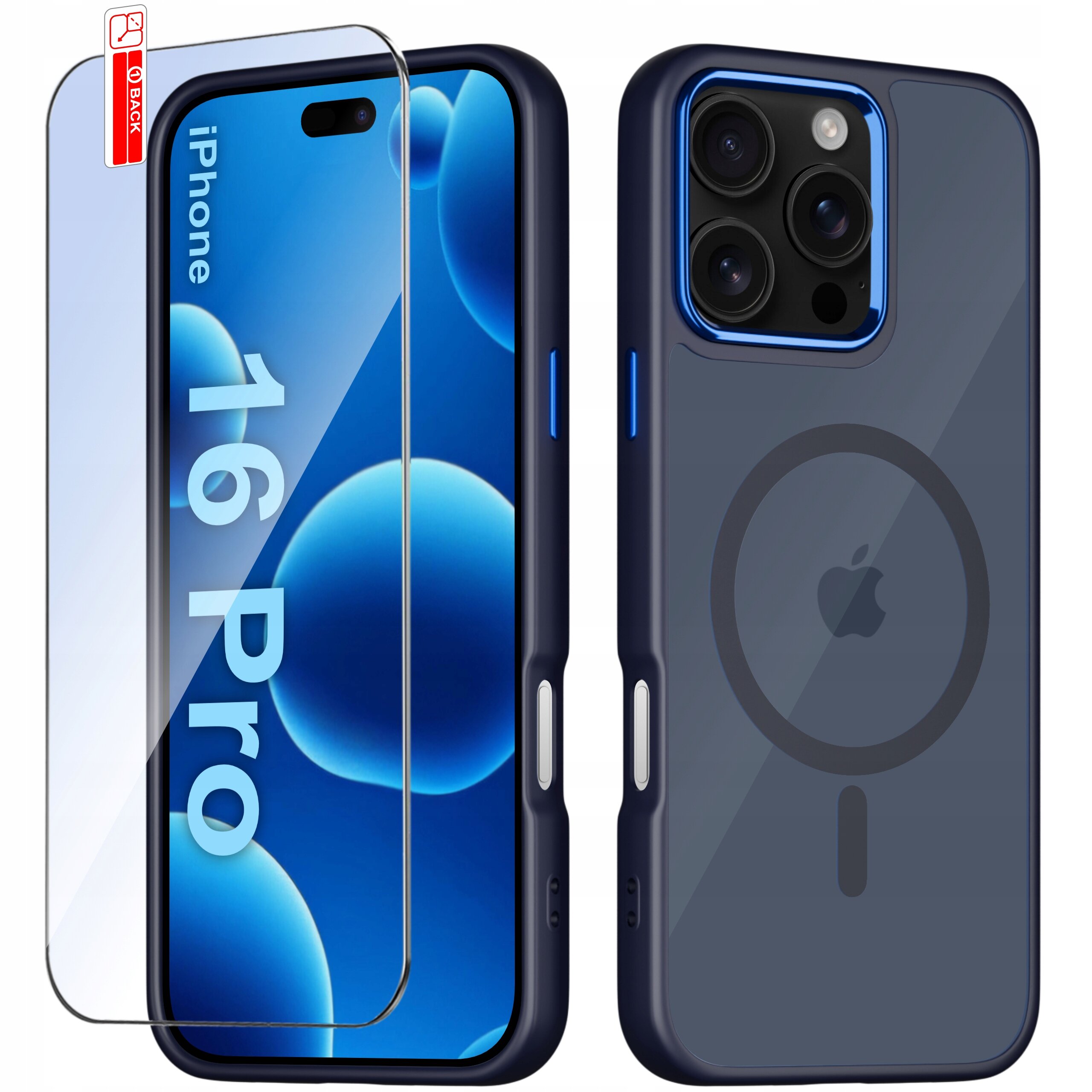 Obraz przedstawia etui do telefonu iPhone 16 Pro z matowym wykończeniem i magnetycznym pierścieniem, obok którego znajduje się szkło ochronne 9H. Na ekranie telefonu widoczny jest napis \'16 Pro\'.