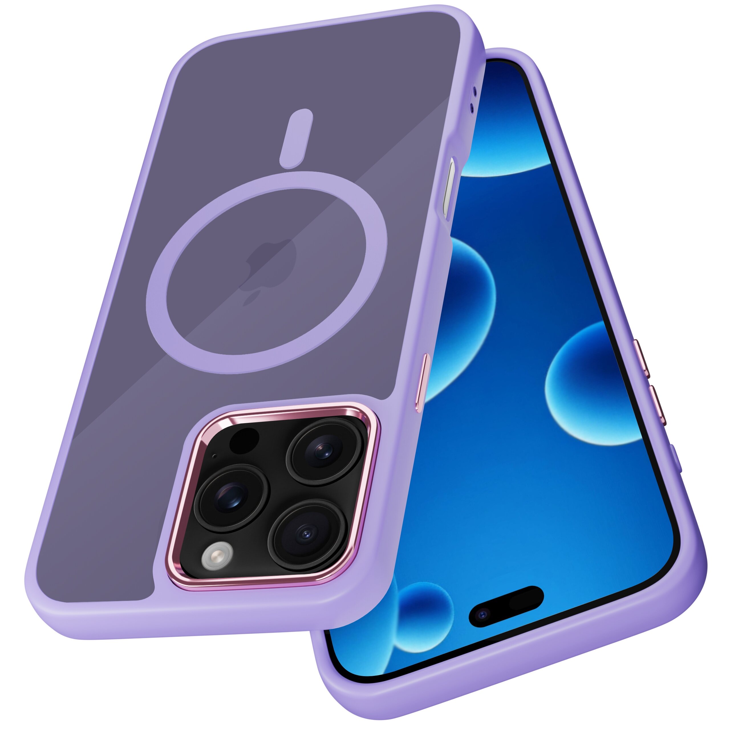 Na zdjęciu widoczne jest fioletowe etui na telefon z trzema aparatami i wycięciem na logo, obok znajduje się telefon z niebieskim ekranem.