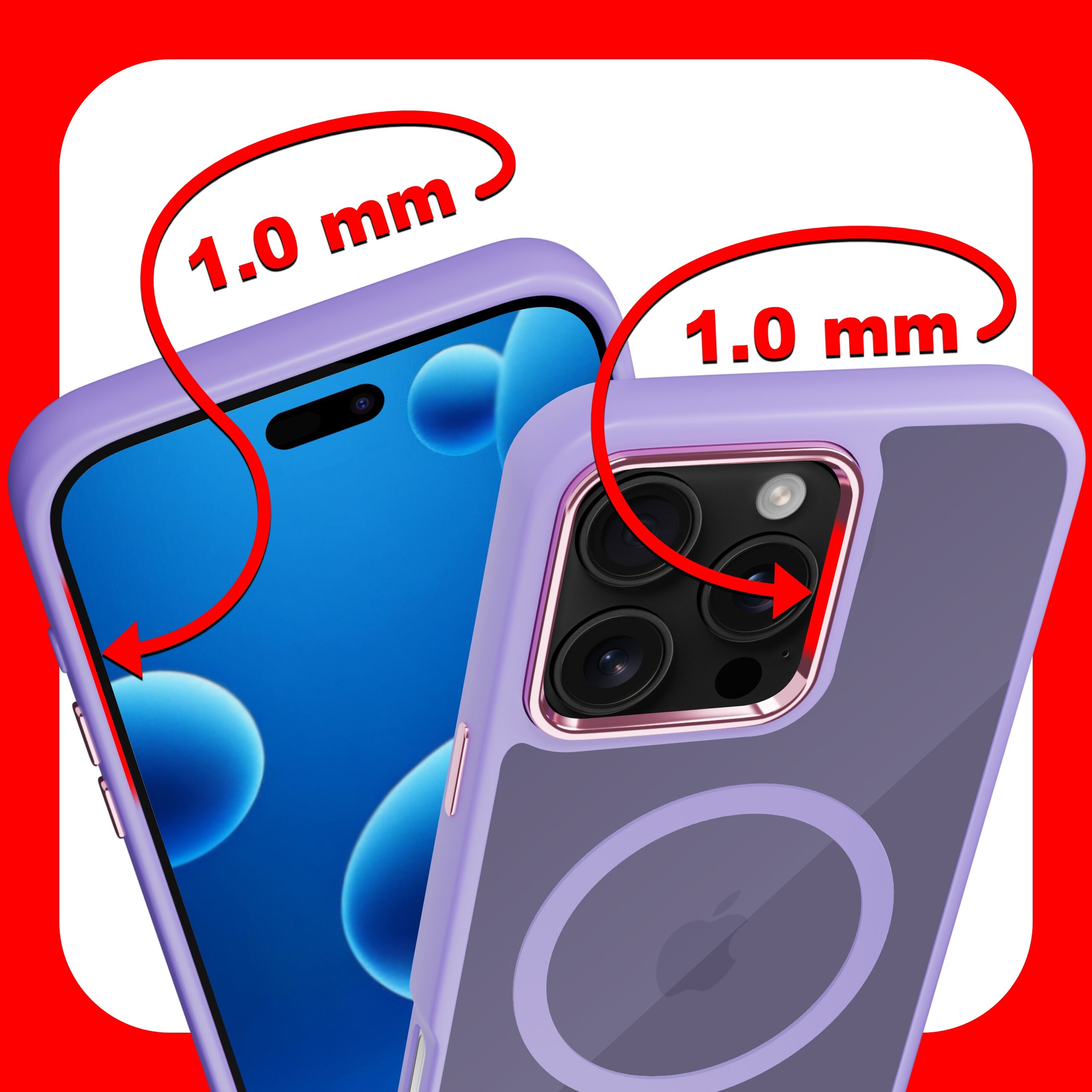 Obraz przedstawia fioletowe etui na telefon z widocznymi oznaczeniami \'1.0 mm\' przy krawędziach ekranu i aparatu. Etui posiada okrągły wzór na tylnej części, sugerujący kompatybilność z MagSafe.