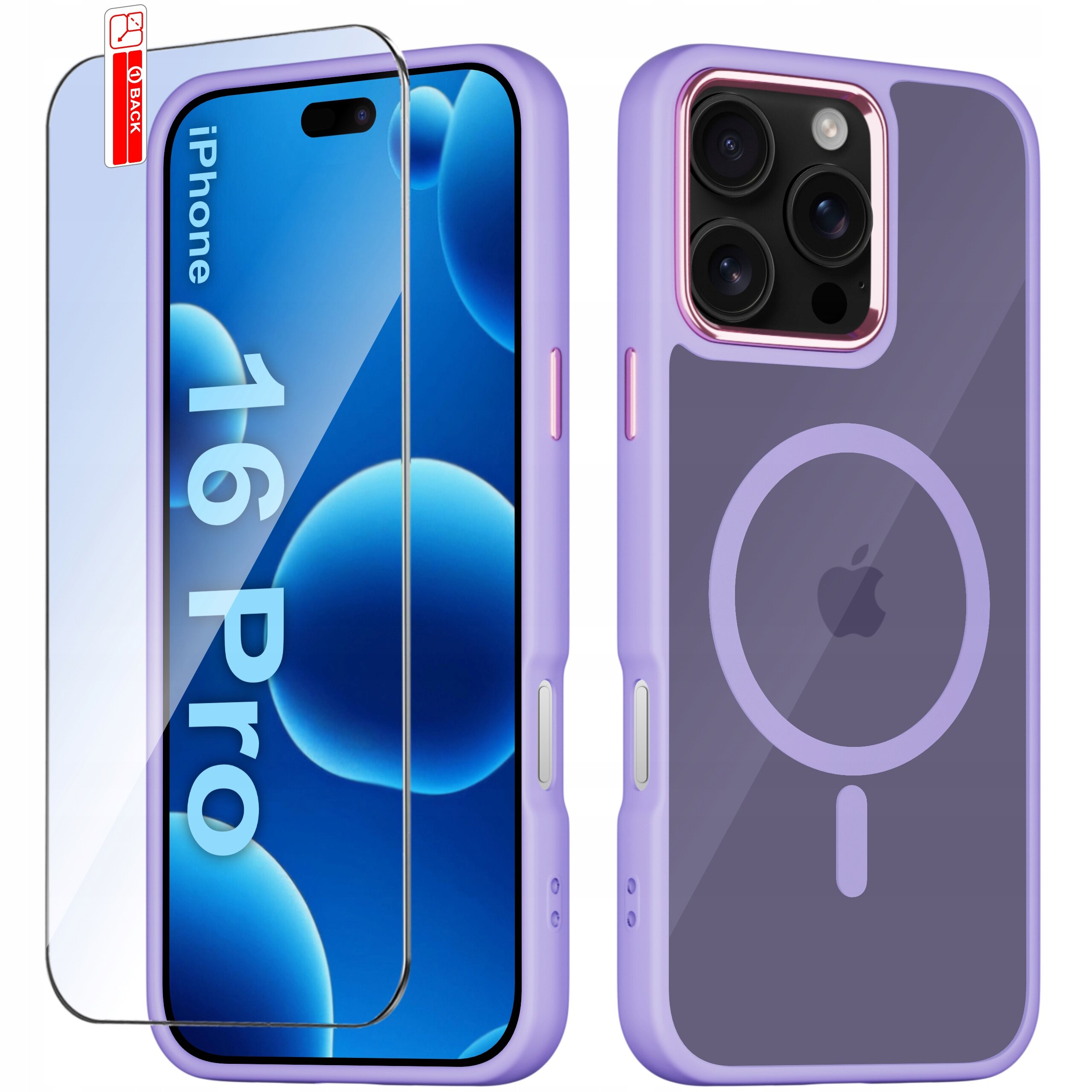 Obraz przedstawia fioletowe etui na iPhone 16 Pro z okrągłym wzorem na tylnej części, obok którego znajduje się szkło ochronne. Na ekranie telefonu widoczny jest napis \'iPhone 16 Pro\'.