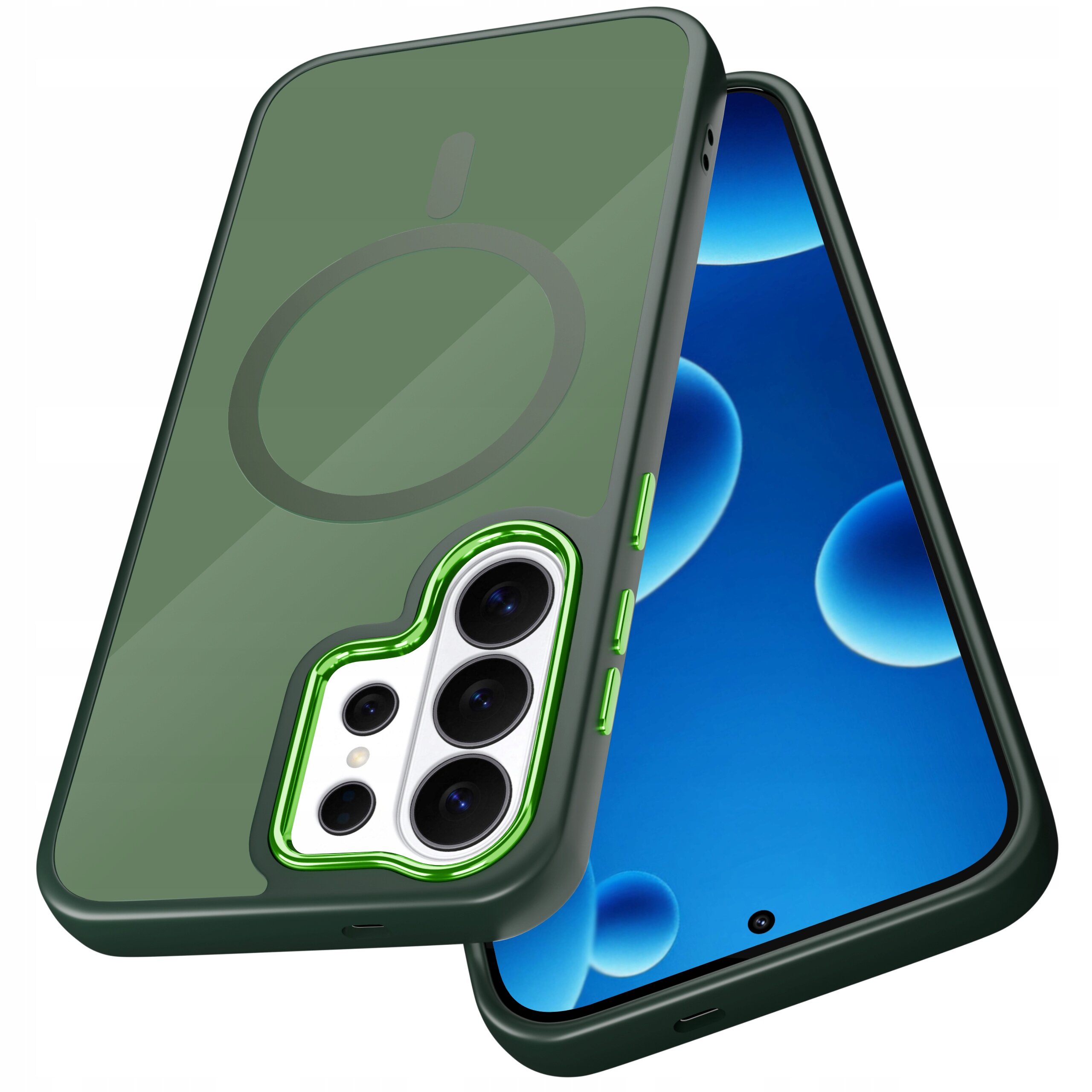 Obraz przedstawia zielone etui na telefon z trzema widocznymi aparatami i przyciskami bocznymi. Na etui znajduje się okrągły symbol sugerujący kompatybilność z MagSafe.