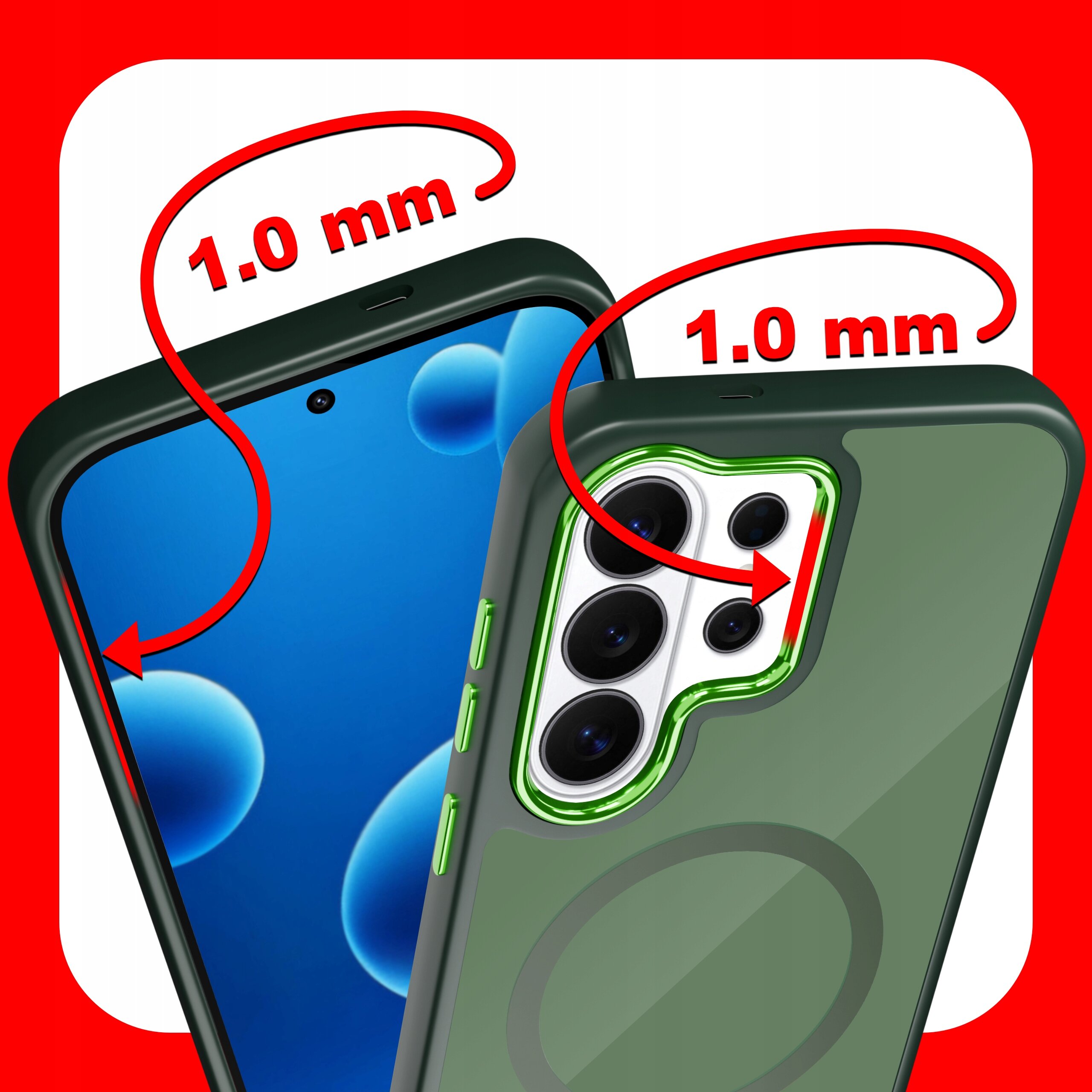 Obraz przedstawia dwa smartfony w etui, z widocznymi aparatami i ekranami. Na czerwonym tle widnieje tekst \'1.0 mm\' z czerwonymi strzałkami wskazującymi na krawędzie etui.