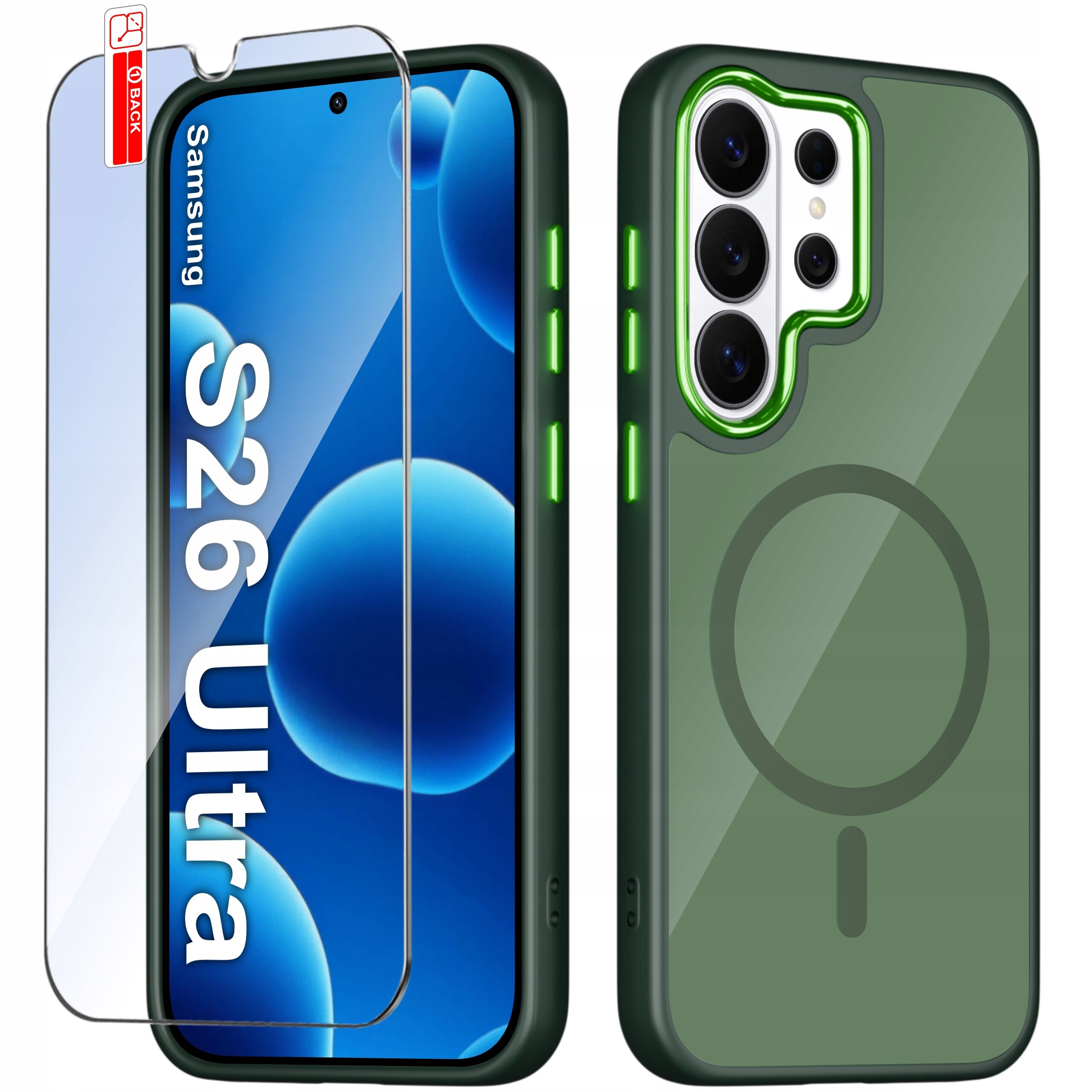 Obraz przedstawia zielone etui na telefon z trzema dużymi otworami na aparaty oraz szkło ochronne z napisem \'Samsung S26 Ultra\'. Etui ma matowe wykończenie i okrągły wzór wskazujący na funkcję magnetyczną.