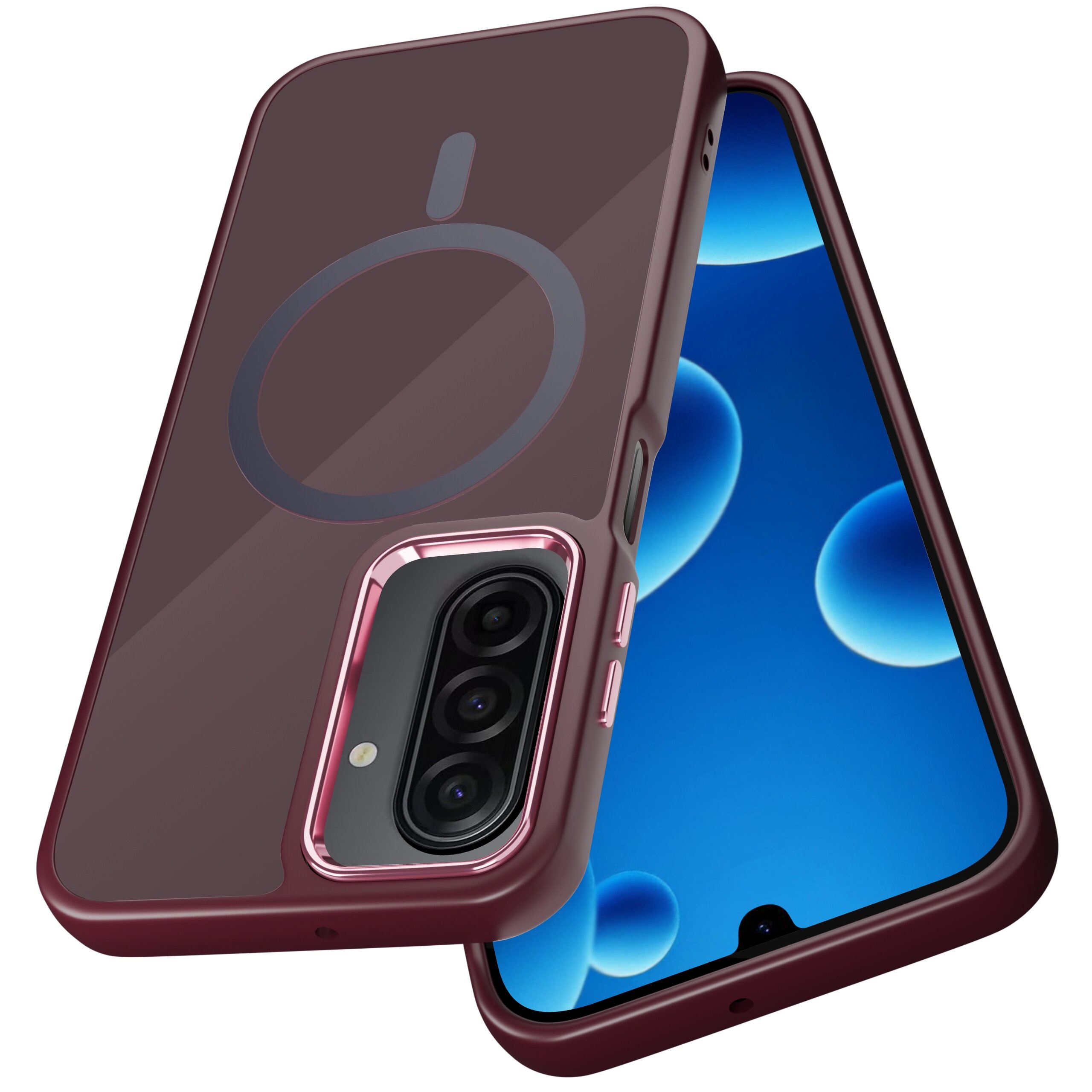 Obraz przedstawia etui na telefon w kolorze bordowym z okrągłym wzorem na tylnej części, przeznaczone do modelu Samsung A17 5G. Etui posiada wycięcie na aparat z trzema obiektywami i jest kompatybilne z technologią Magsafe.