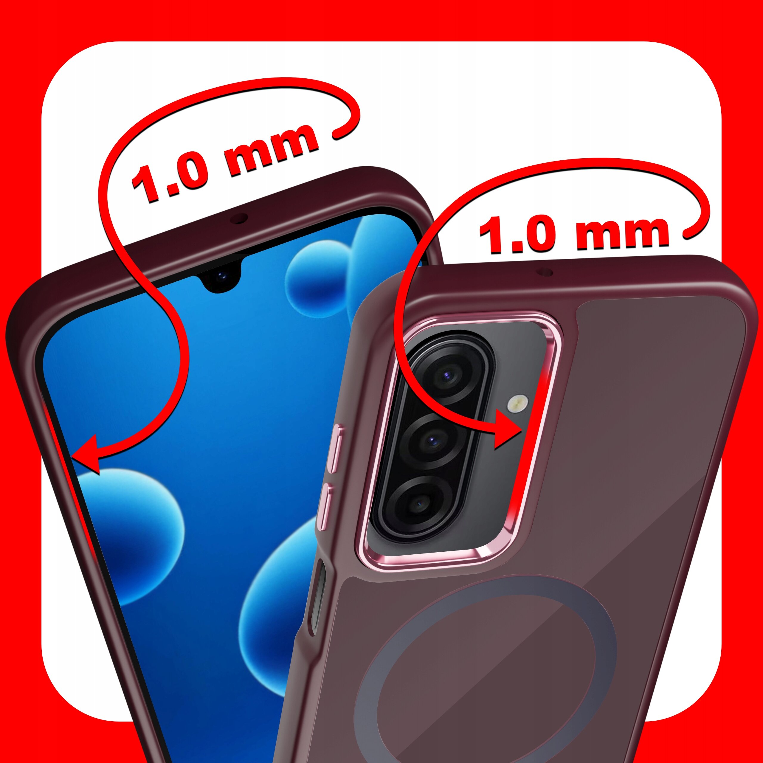 Obraz przedstawia etui na telefon z widocznymi oznaczeniami \'1.0 mm\' przy krawędziach ekranu i aparatu. Etui jest matowe, w kolorze bordowym, z okrągłym wzorem na tylnej części.