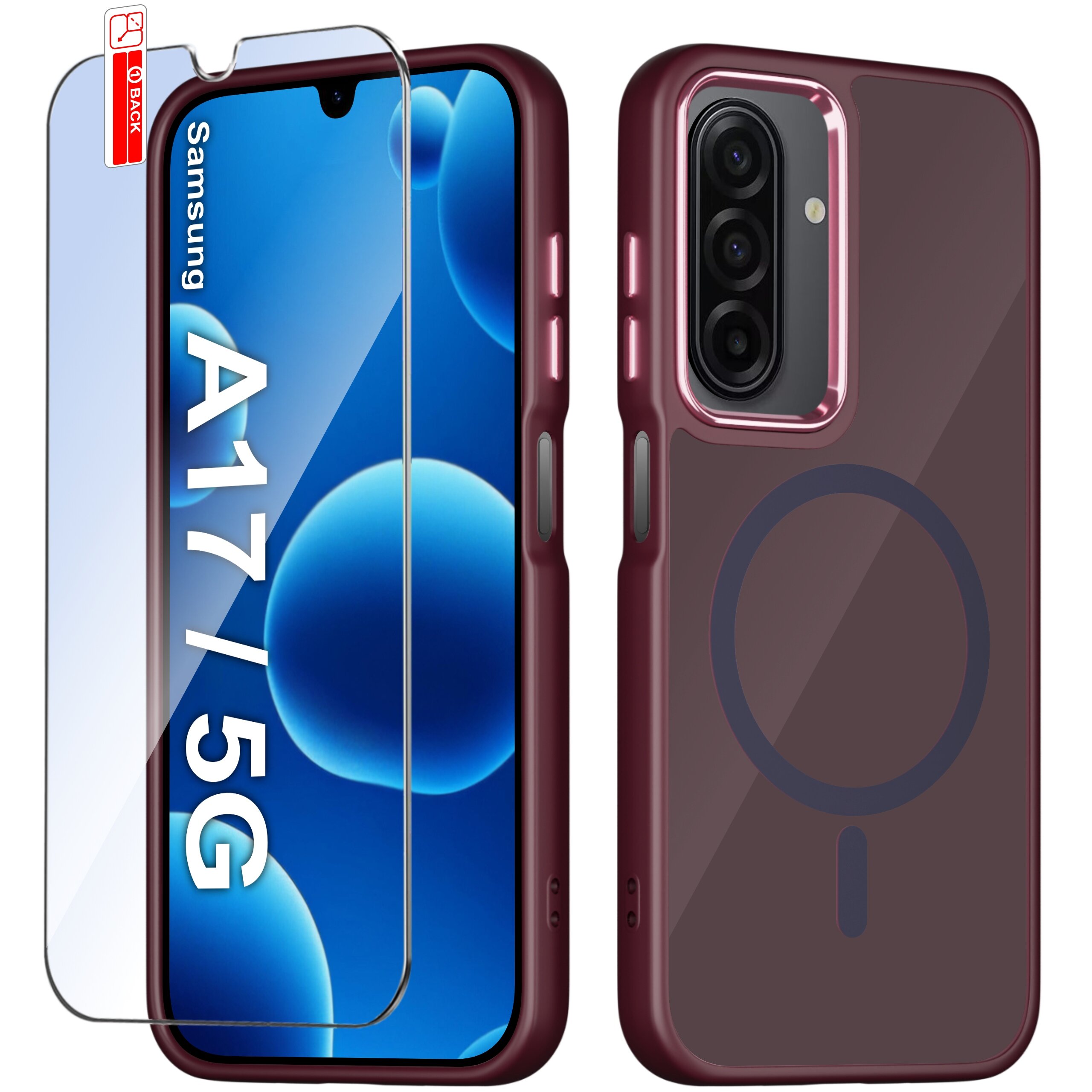 Obraz przedstawia etui do telefonu Samsung A17 5G w kolorze bordowym z matowym wykończeniem i magnetycznym pierścieniem na tylnej części. Obok etui znajduje się szkło ochronne z napisem \'Samsung A17/5G\'.