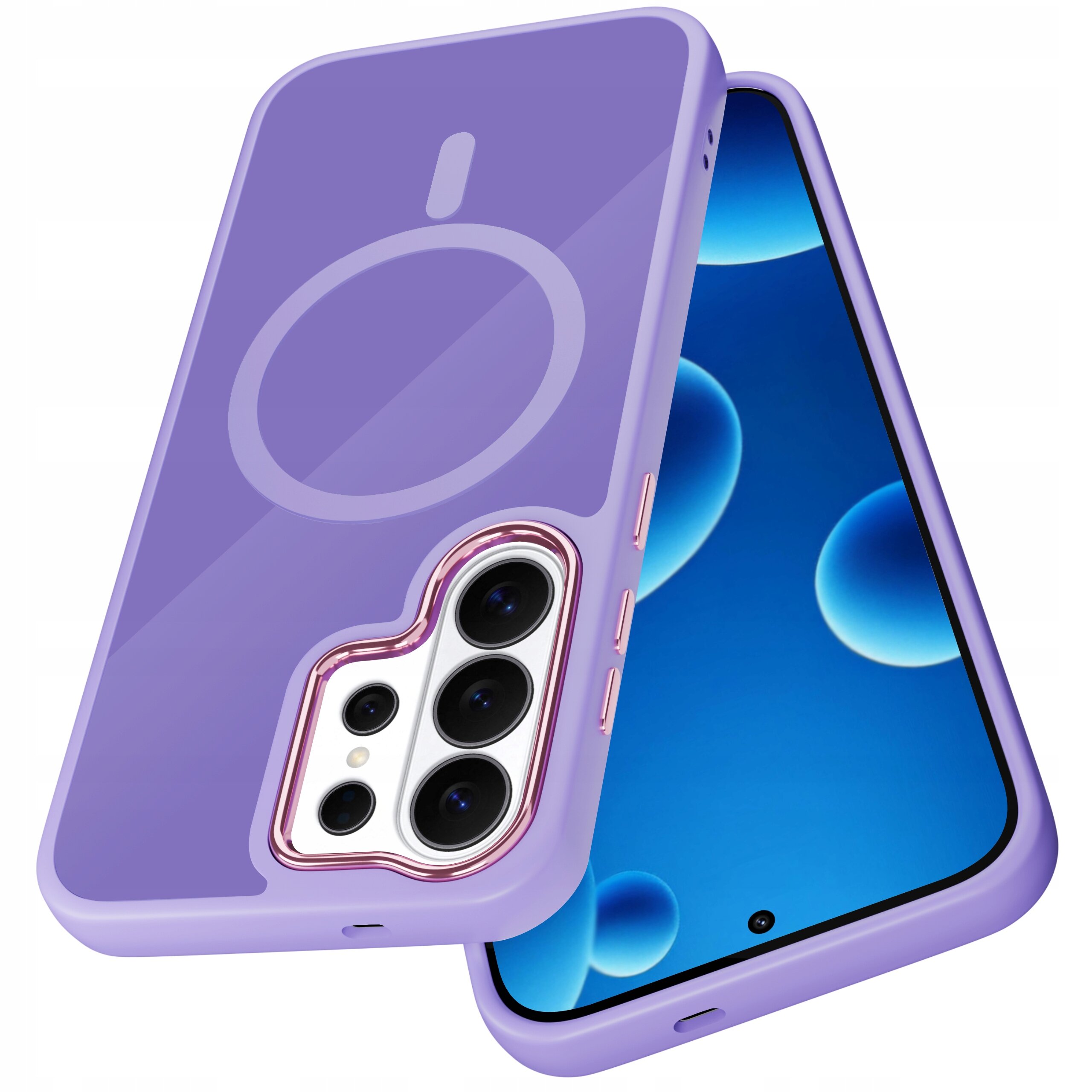 Fioletowe etui na telefon z okrągłym wzorem na środku, obok telefonu z wyświetlaczem pokazującym niebieskie tło z ciemnymi okręgami. Etui posiada wycięcia na aparat i przyciski boczne.