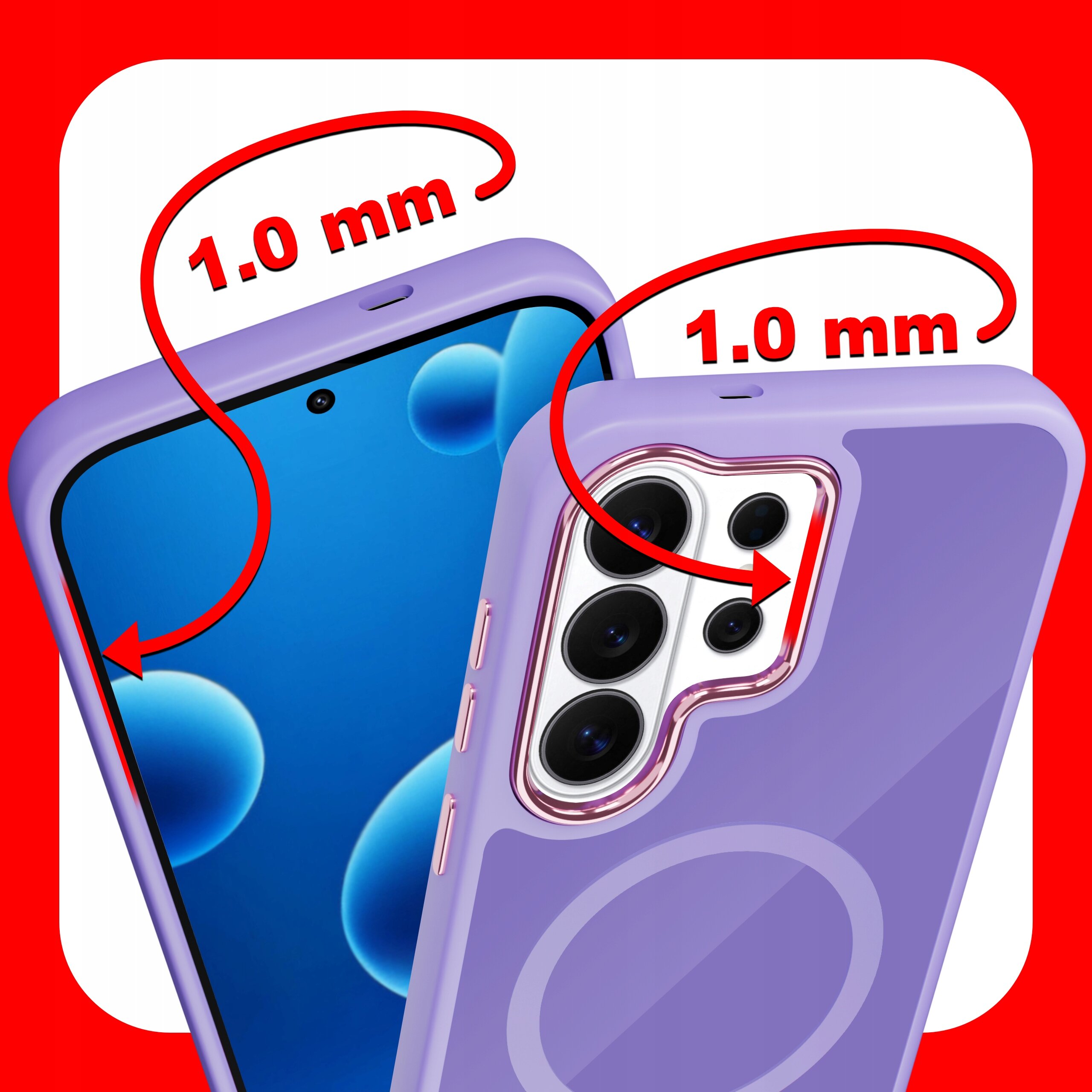 Obraz przedstawia fioletowe etui na telefon z widocznymi wycięciami na aparat i ekran. Na etui znajdują się oznaczenia \'1.0 mm\' wskazujące na grubość krawędzi wokół aparatu i ekranu.