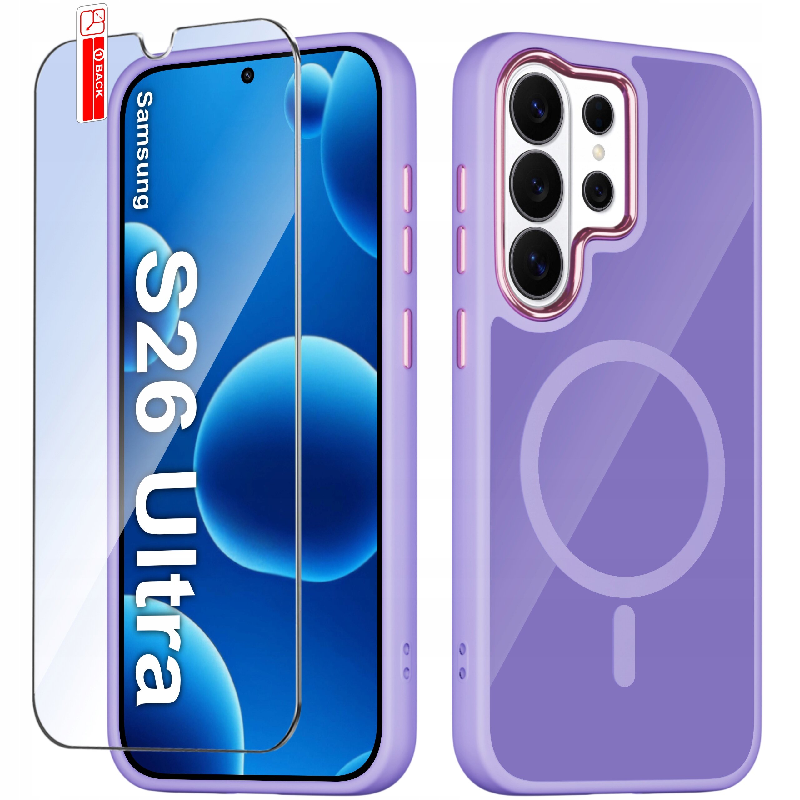 Na obrazie widoczne jest fioletowe etui na telefon z trzema przyciskami bocznymi oraz szkło ochronne z napisem \'Samsung S26 Ultra\'. Etui ma okrągły wzór sugerujący kompatybilność z MagSafe.